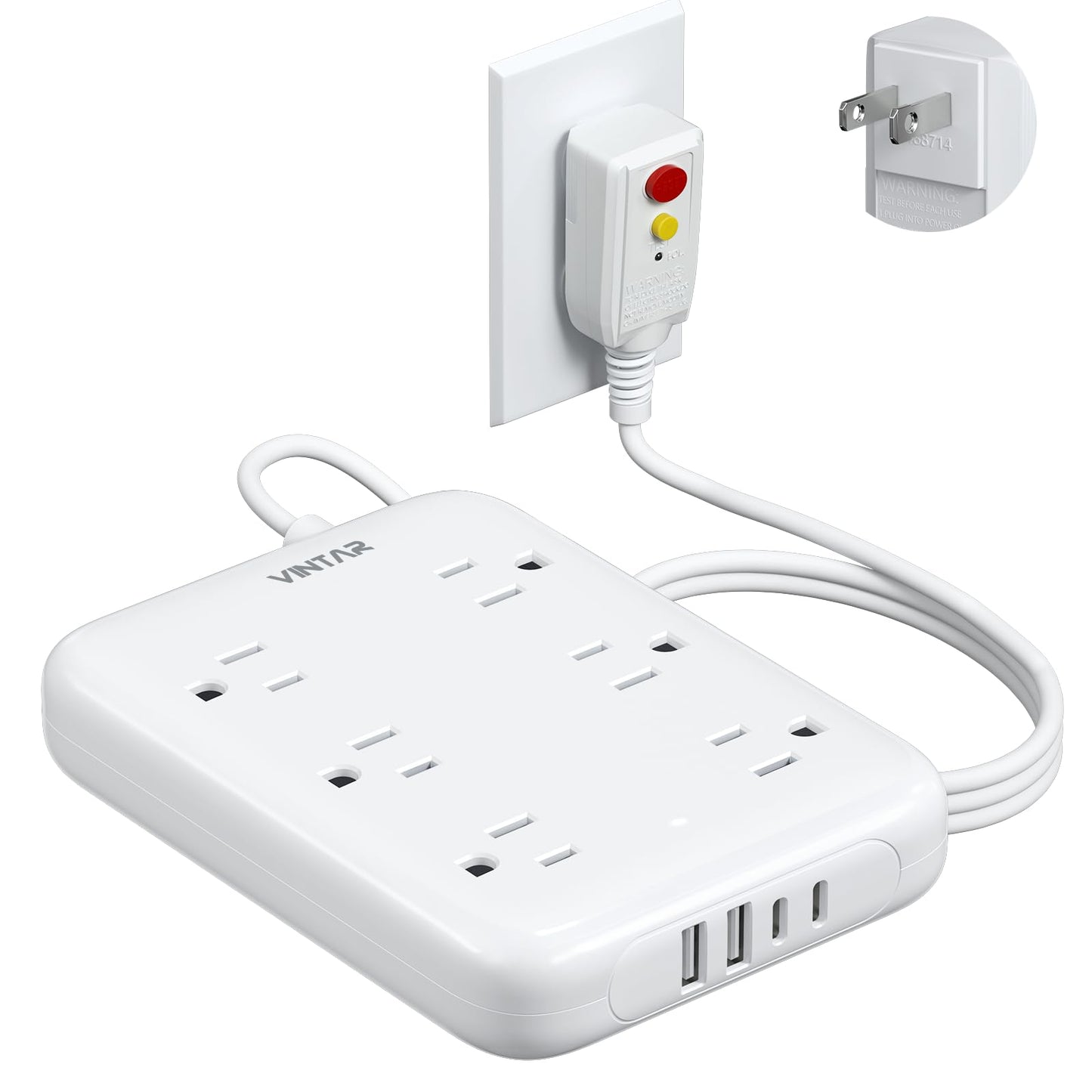 2 Prong GFCI Power Strip, VINTAR 2 Prong to 3 Prong GFCI Plug Adapter, 6ft Extension Cord with 6 Outlets & 4 USB(2 USB-C), 1050J Surge Protector, Polarized Plug Wall Mount for Non-Grounded Outlet