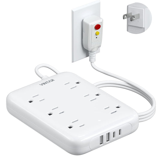 2 Prong GFCI Power Strip, VINTAR 2 Prong to 3 Prong GFCI Plug Adapter, 6ft Extension Cord with 6 Outlets & 4 USB(2 USB-C), 1050J Surge Protector, Polarized Plug Wall Mount for Non-Grounded Outlet