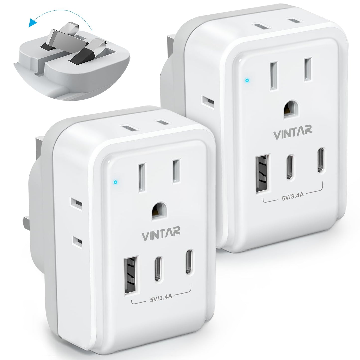2 Pack US to UK Plug Adapter, VINTAR Foldable UK Adapters for Travel, Type G Adapter for Travel with 4 Outlets and 3 USB(2 USB C Ports) for USA to Ireland England Scotland London Dubai Singapore