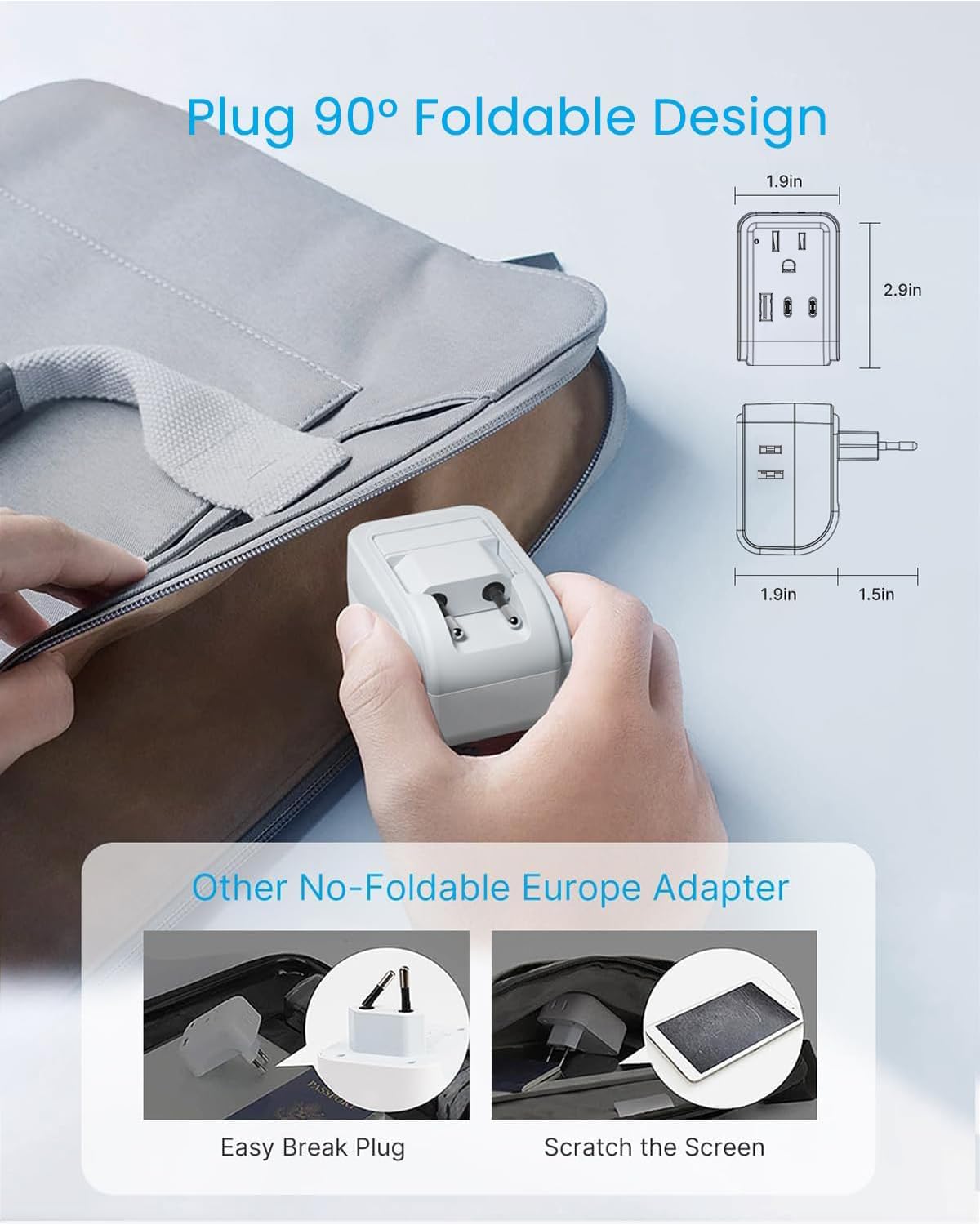 1 Pack European Travel Plug Adapter, VINTAR Foldable International Power Adapter with 4 AC Outlets 3 USB Ports(2 USB C), Type C Adaptor Charger for US to Most of Europe EU Italy Spain France Iceland