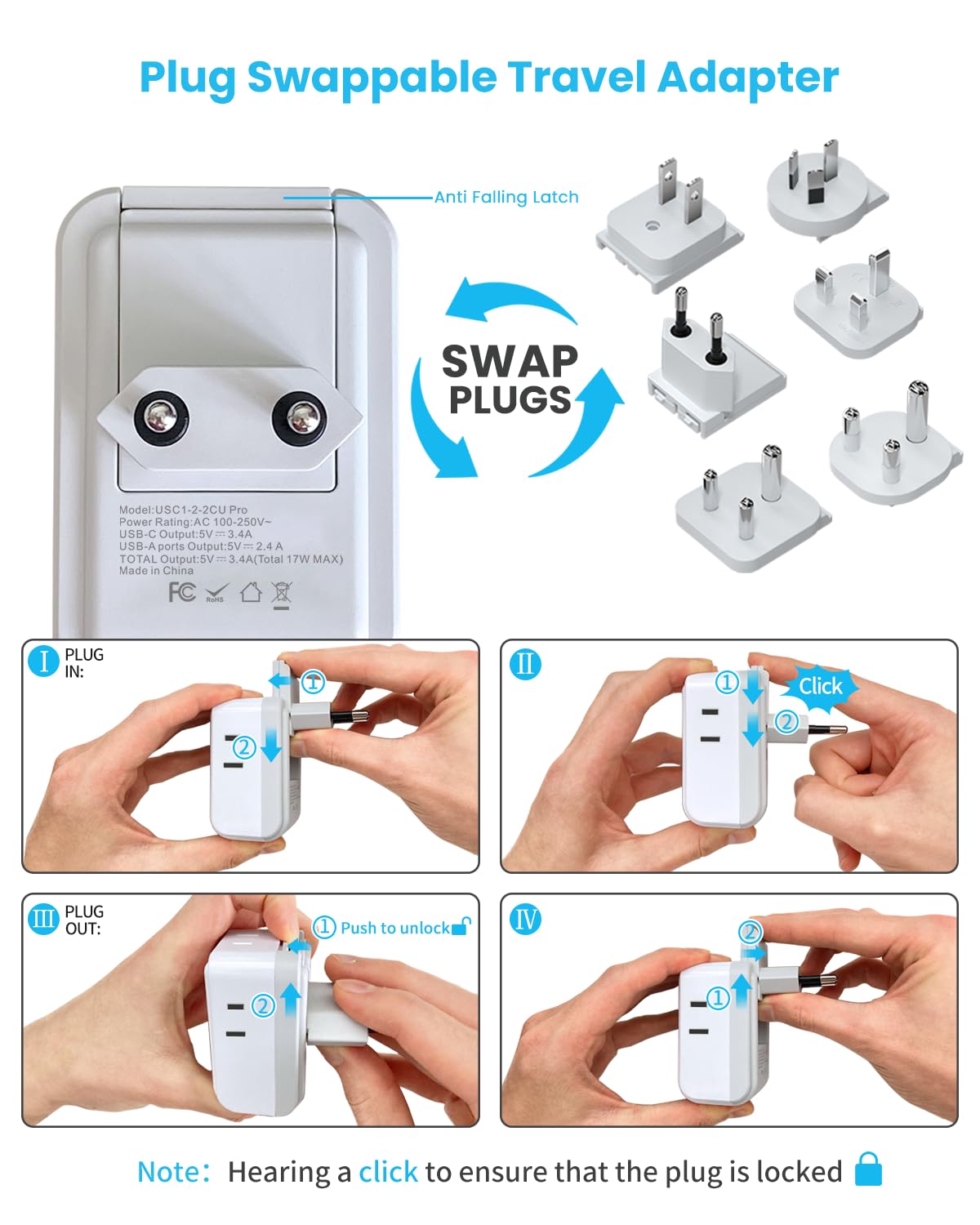 VINTAR Universal Travel Adapter Kit, International Power Adapter with 3 USB Ports (2 USB C) 4 AC Outlets, Type A,C,G,D,I,M Detachable Attachments, Travel Adapter Worldwide for US/EU/UK/India/Africa