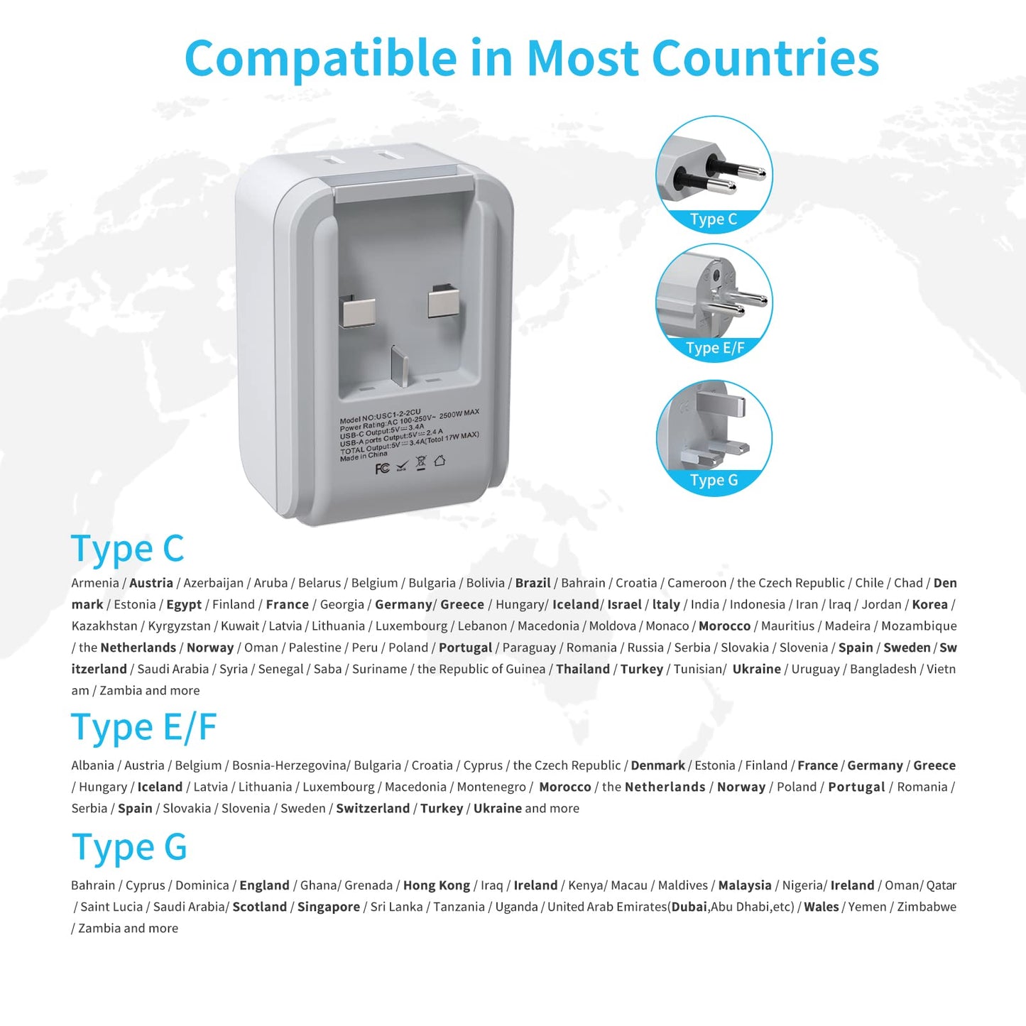 European Travel Plug Adapter Kit, VINTAR International Plug Adapter with 3 USB Ports (2 USB C,3.4A) & 2 American Outlets, Type C,G,E/F Swap&Adapt Attachments, Adapter for US to UK Europe France Italy