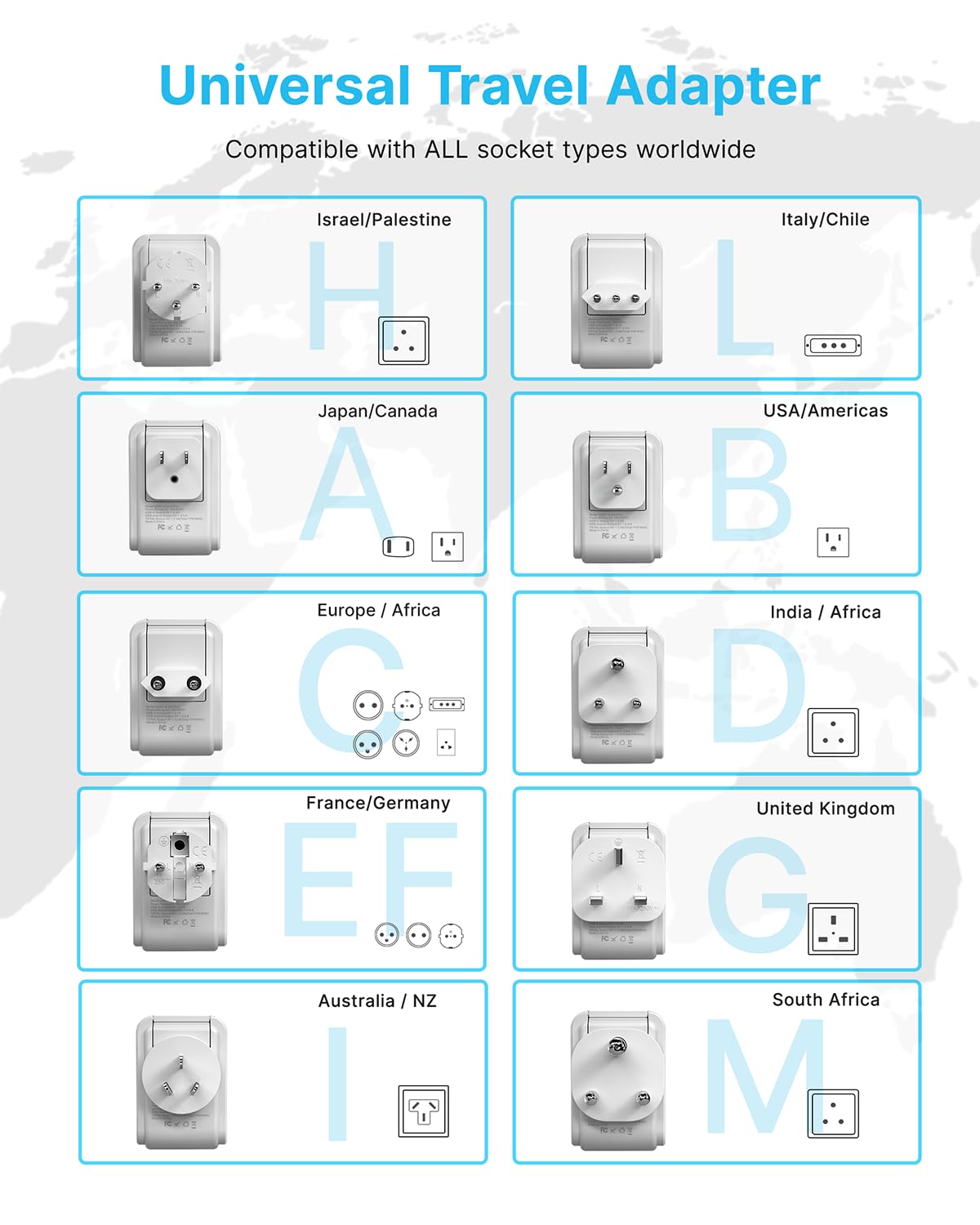 VINTAR Universal Travel Adapter Kit, International Power Adapter with 4AC and 3USB Ports(2 USB-C), Type A,B,C,D,E/F,G,H,I,L,M Swap Adapt Attachments, Travel Adapter Worldwide for Europe/Africa/India