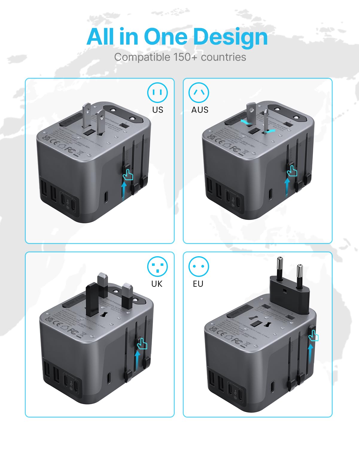 Universal Travel Adapter, VINTAR International Power Adapter with 6A 3 USB C and 2 USB Ports, All in One Travel Essentials Plug Adapter, Worldwide Outlet Converter for Europe UK USA AUS(Type C/G/A/I)