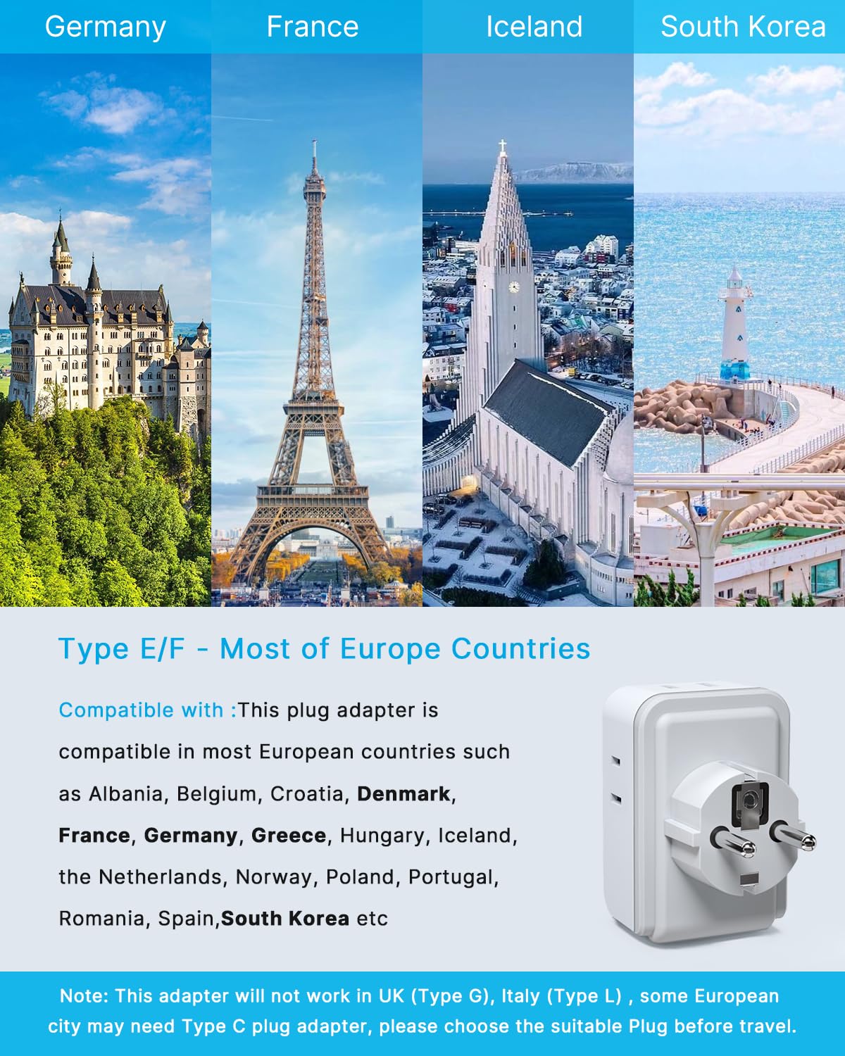 2 Pack Type E F Travel Plug Adapter, VINTAR Germany France Plug Adapter with 4 Outlets 3 USB Ports(2USB C), South Korea Outlet Adapter, Schuko Power Adaptor for US to Europe Spain Greece Iceland Korea