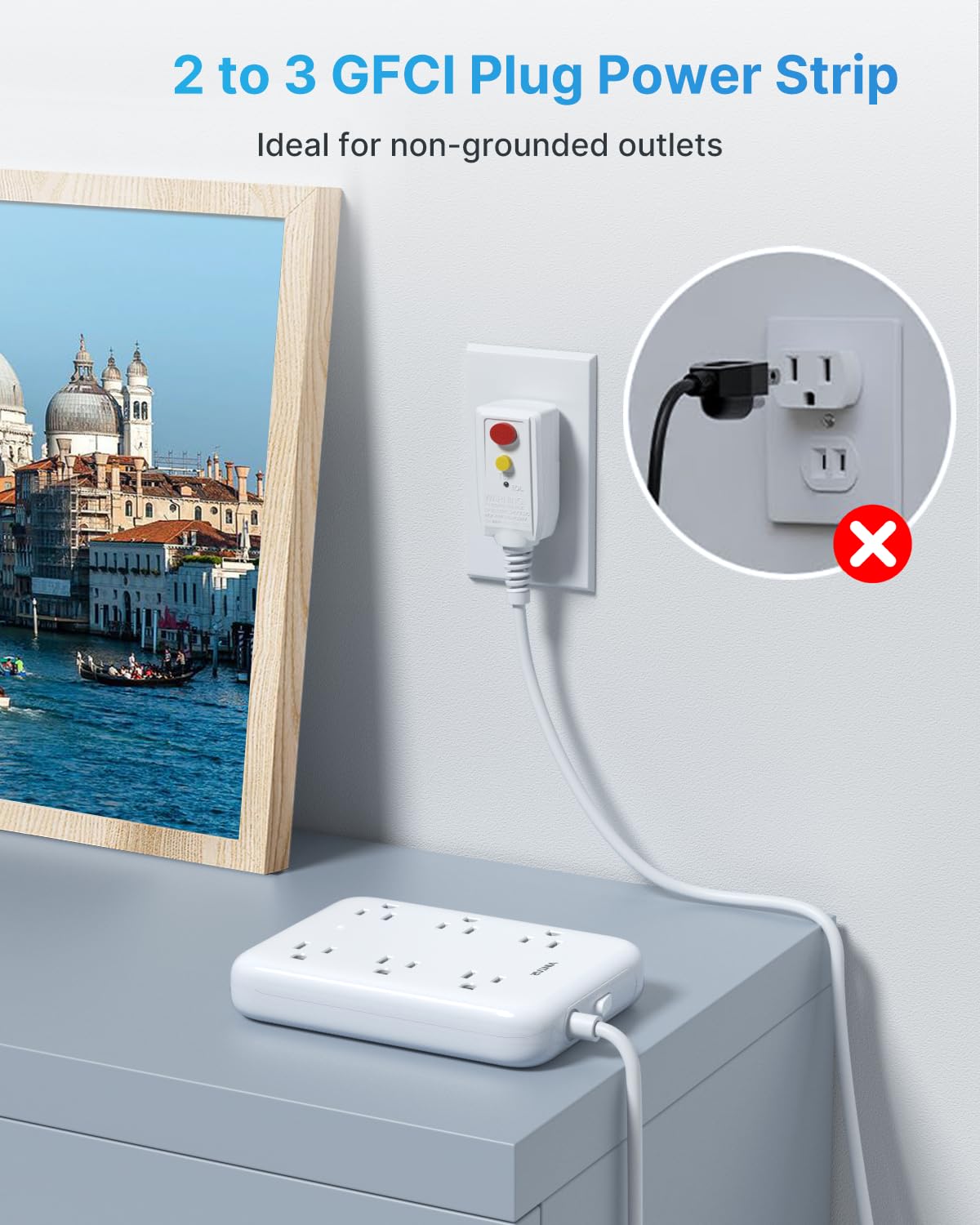 2 Prong GFCI Power Strip, VINTAR 2 Prong to 3 Prong GFCI Plug Adapter, 6ft Extension Cord with 6 Outlets & 4 USB(2 USB-C), 1050J Surge Protector, Polarized Plug Wall Mount for Non-Grounded Outlet