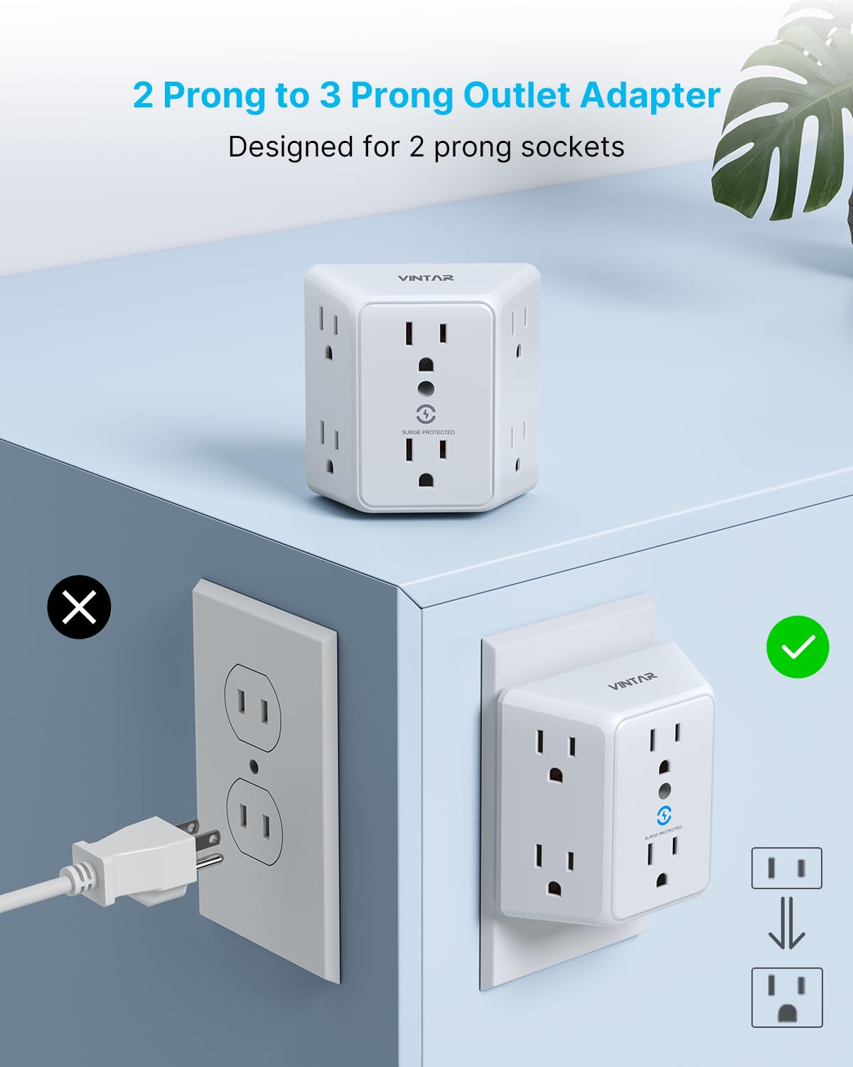 VINTAR 2 Prong to 3 Prong Outlet Adapter, 3 Sided 6 Outlet Widely Spaced Extender, Polarized Plug, 2 Prong Power Strip, 900J Wall Charger Surge Protector, Mountable Wall Tap for Non Grounded Outlets