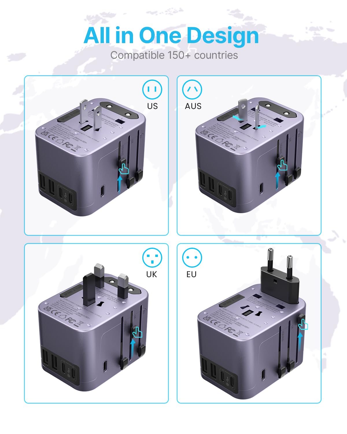 Universal Travel Adapter, VINTAR International Power Adapter with 6A 3 USB C and 2 USB Ports, All in One Travel Essentials Plug Adapter, Worldwide Outlet Converter for Europe UK USA AUS(Type C/G/A/I)