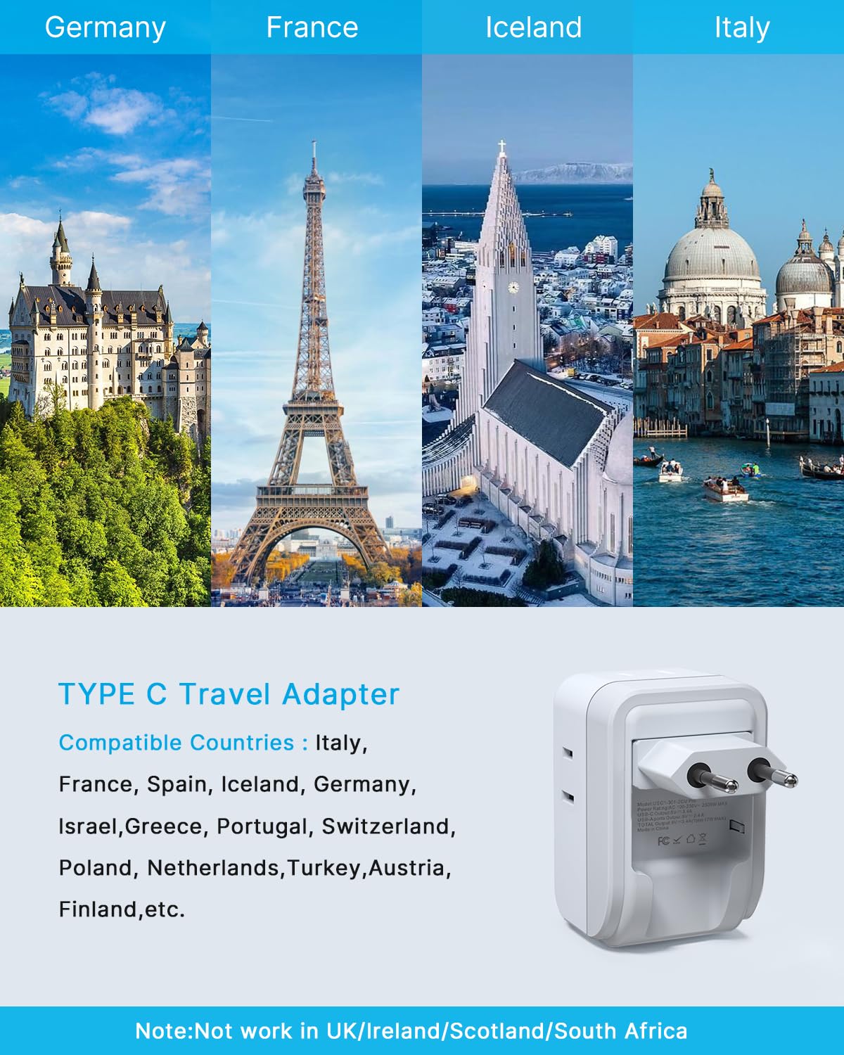 2 Pack European Travel Plug Adapter, VINTAR Foldable International Power Adapter with 4 AC Outlets 3 USB Ports(2 USB C), Type C Adaptor Charger for US to Most of Europe EU Italy Spain France Iceland
