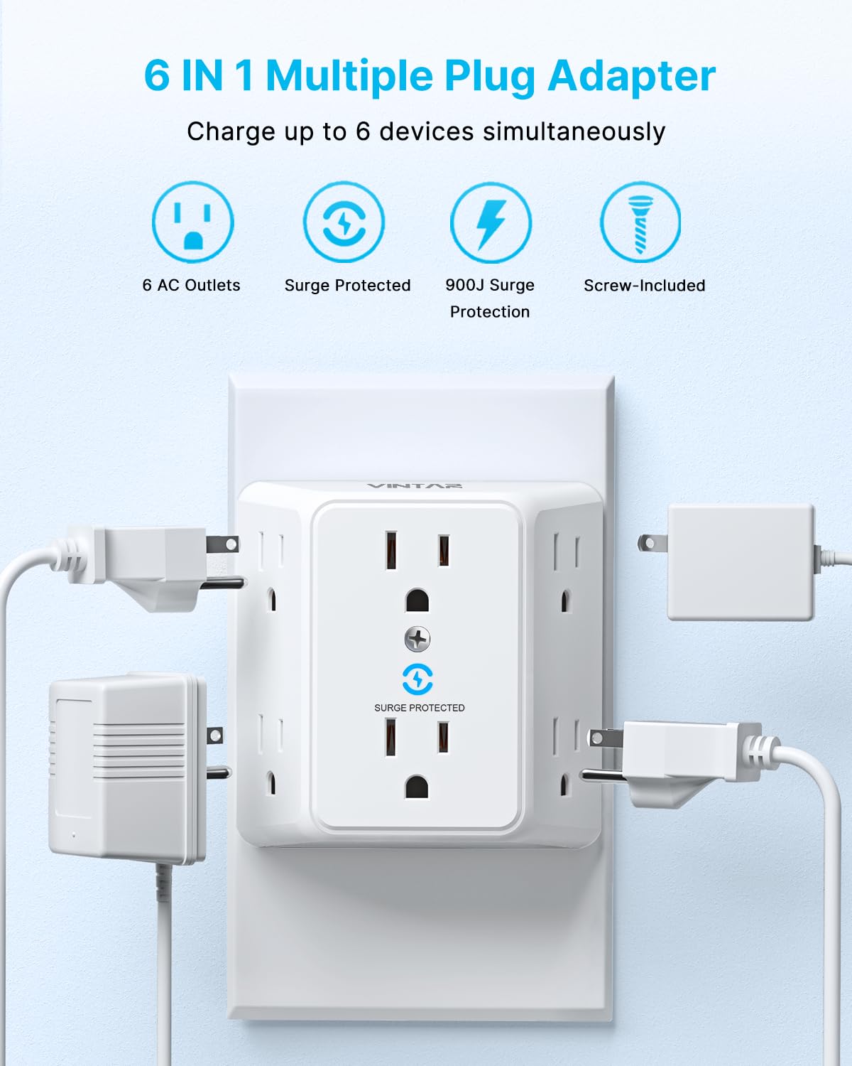 VINTAR 2 Prong to 3 Prong Outlet Adapter, 3 Sided 6 Outlet Widely Spaced Extender, Polarized Plug, 2 Prong Power Strip, 900J Wall Charger Surge Protector, Mountable Wall Tap for Non Grounded Outlets