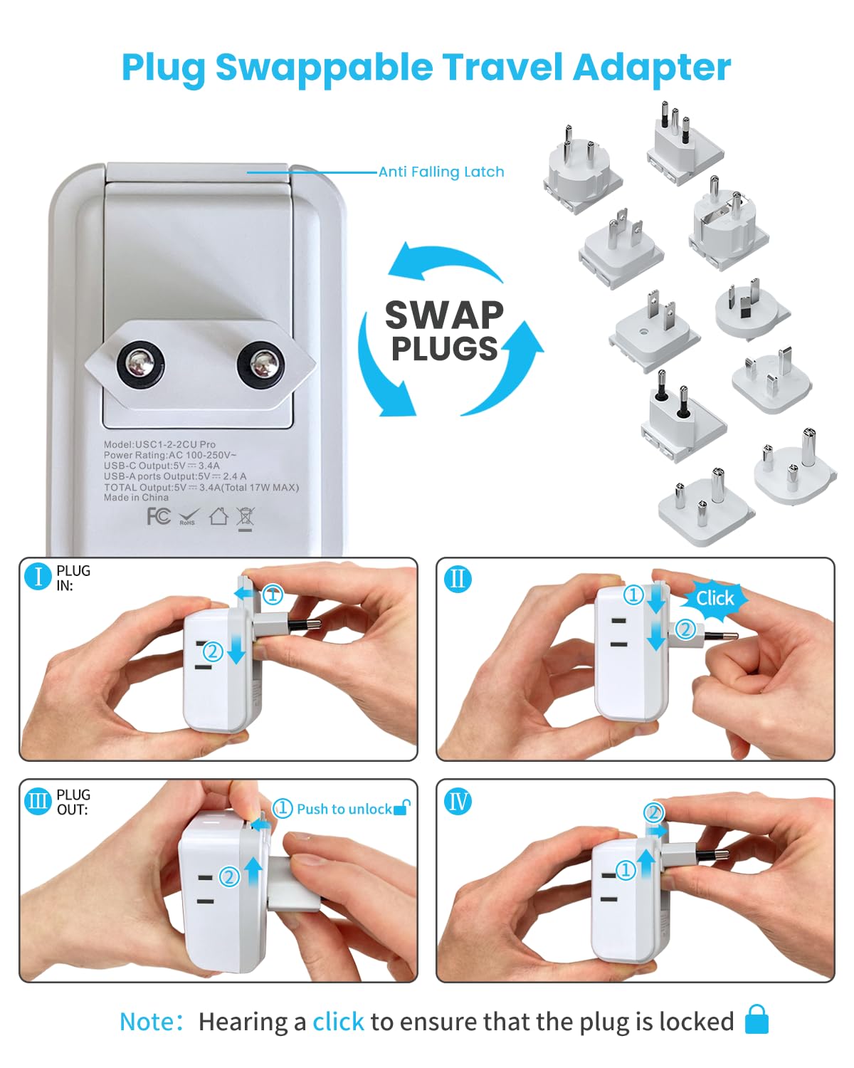 VINTAR Universal Travel Adapter Kit, International Power Adapter with 4AC and 3USB Ports(2 USB-C), Type A,B,C,D,E/F,G,H,I,L,M Swap Adapt Attachments, Travel Adapter Worldwide for Europe/Africa/India