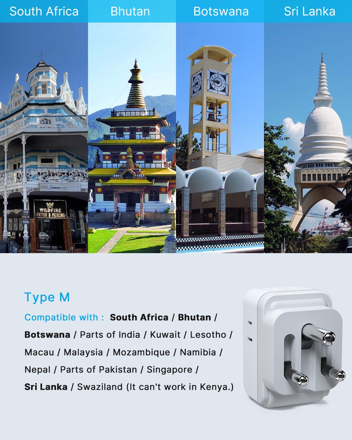 2 Pack South Africa Plug Adapter, VINTAR Foldable Type M Power Adaptor with 4 AC Outlets 3 USB Ports(2 USB C), Travel Essentials for US to Bhutan Namibia Nepal Malaysi