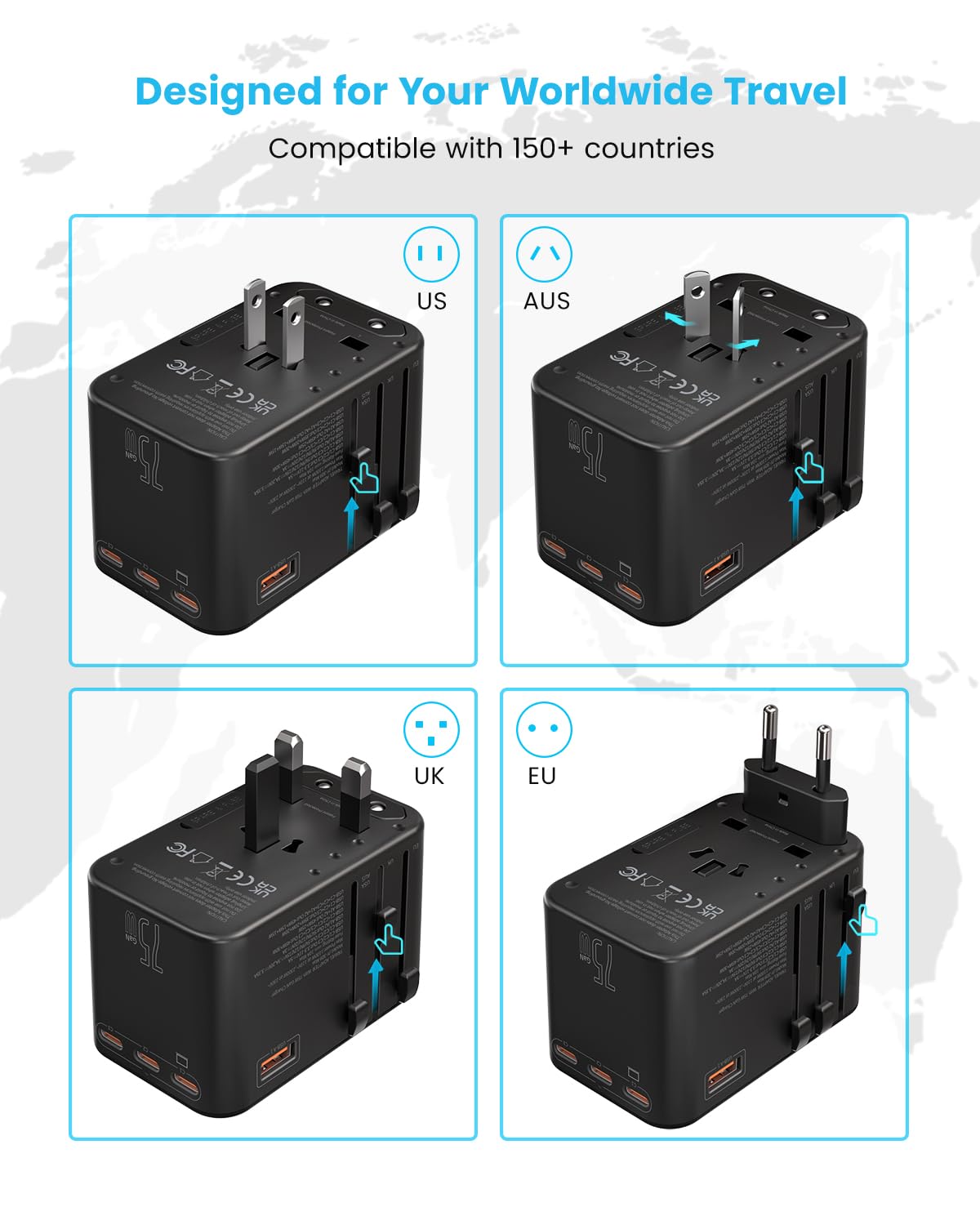 Universal Travel Adapter, VINTAR 75W GaN International Plug Adapter with 3 USB-C PD & 2 USB-A QC, All-in-one Travel Essentials for UK/EU/USA/AUS, Worldwide Power Adapter for Laptops Tablets Phones