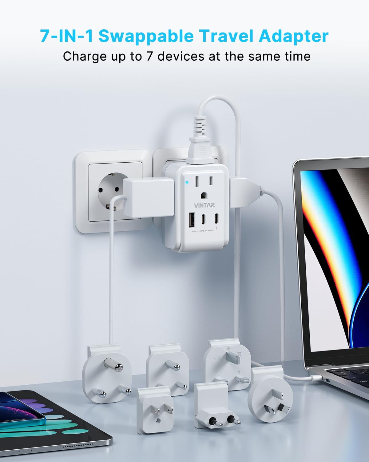 VINTAR Universal Travel Adapter Kit, 5ft Detachable Extension Cord with 4 AC Outlets & 3 USB(2 USB C), Type A/C/G/D/I/M International Power Adaptor for US to Europe UK India South Africa Japan