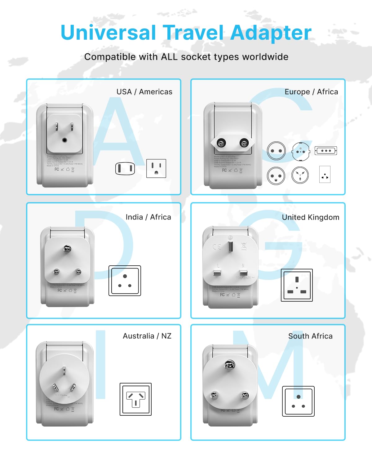 VINTAR Universal Travel Adapter Kit, International Power Adapter with 3 USB Ports (2 USB C) 4 AC Outlets, Type A,C,G,D,I,M Detachable Attachments, Travel Adapter Worldwide for US/EU/UK/India/Africa