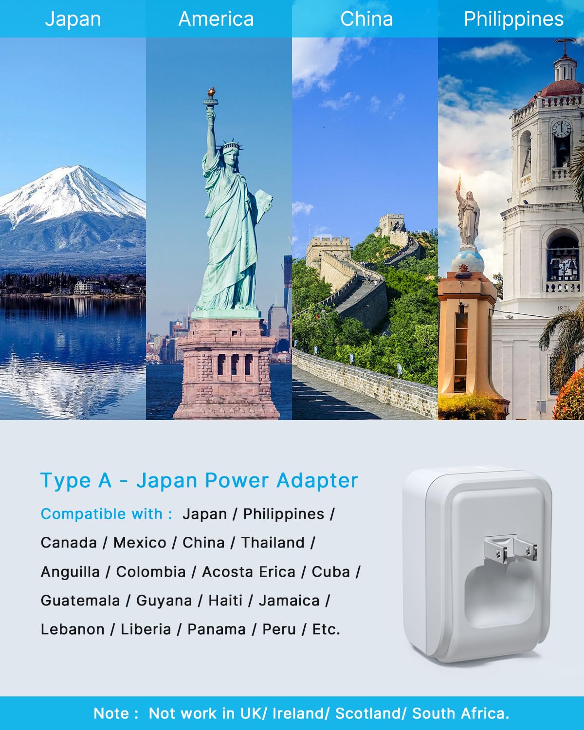 1 Pack US to Japan Plug Adapter, VINTAR Foldable Japan Travel Adapter with 2 Outlets and 3 USB Ports(2 USB C), 2 Prong to 3 Prong Outlet Adapter for USA to Japan China Canada Philippine, Type A