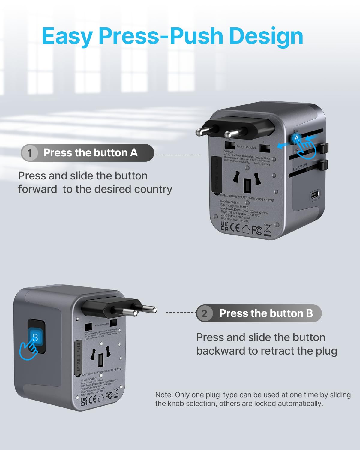 Universal Travel Adapter, VINTAR International Power Adapter with 6A 3 USB C and 2 USB Ports, All in One Travel Essentials Plug Adapter, Worldwide Outlet Converter for Europe UK USA AUS(Type C/G/A/I)