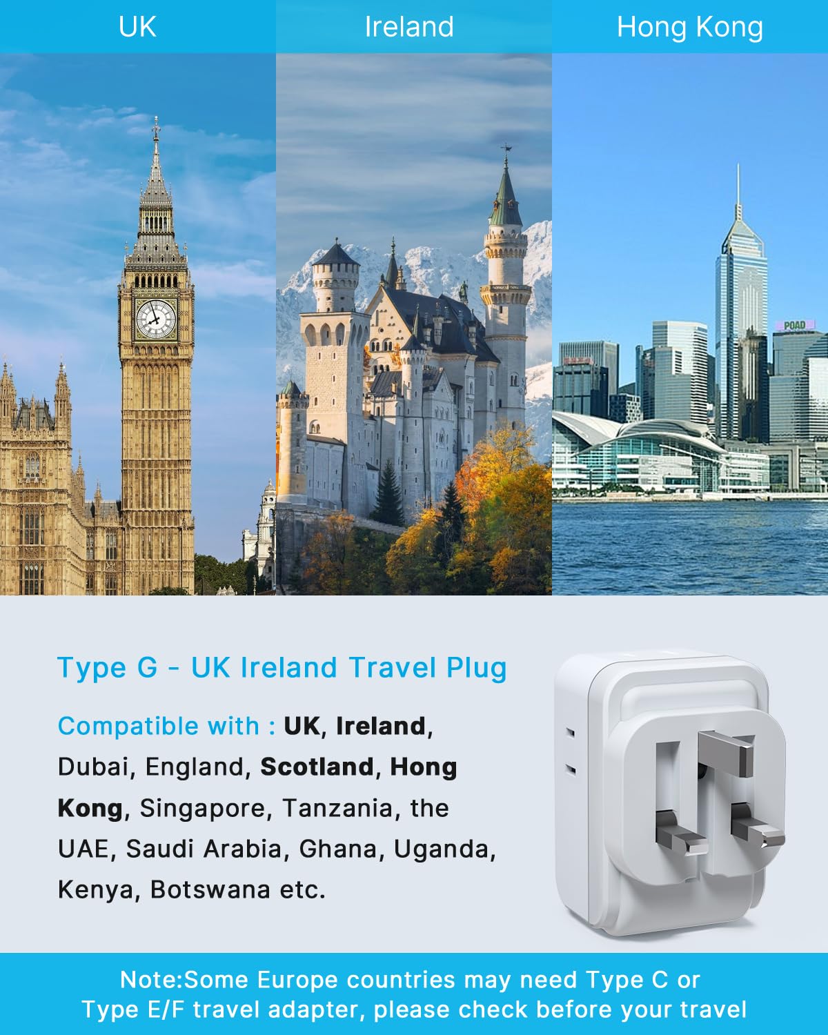 2 Pack US to UK Plug Adapter, VINTAR Foldable UK Adapters for Travel, Type G Adapter for Travel with 4 Outlets and 3 USB(2 USB C Ports) for USA to Ireland England Scotland London Dubai Singapore