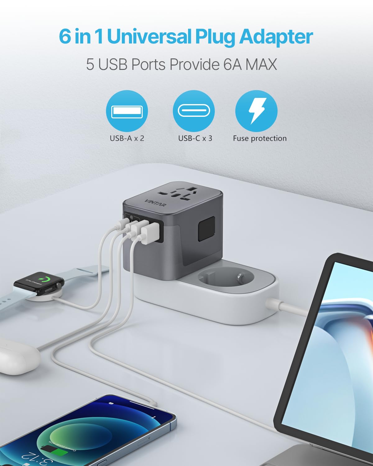 Universal Travel Adapter, VINTAR International Power Adapter with 6A 3 USB C and 2 USB Ports, All in One Travel Essentials Plug Adapter, Worldwide Outlet Converter for Europe UK USA AUS(Type C/G/A/I)
