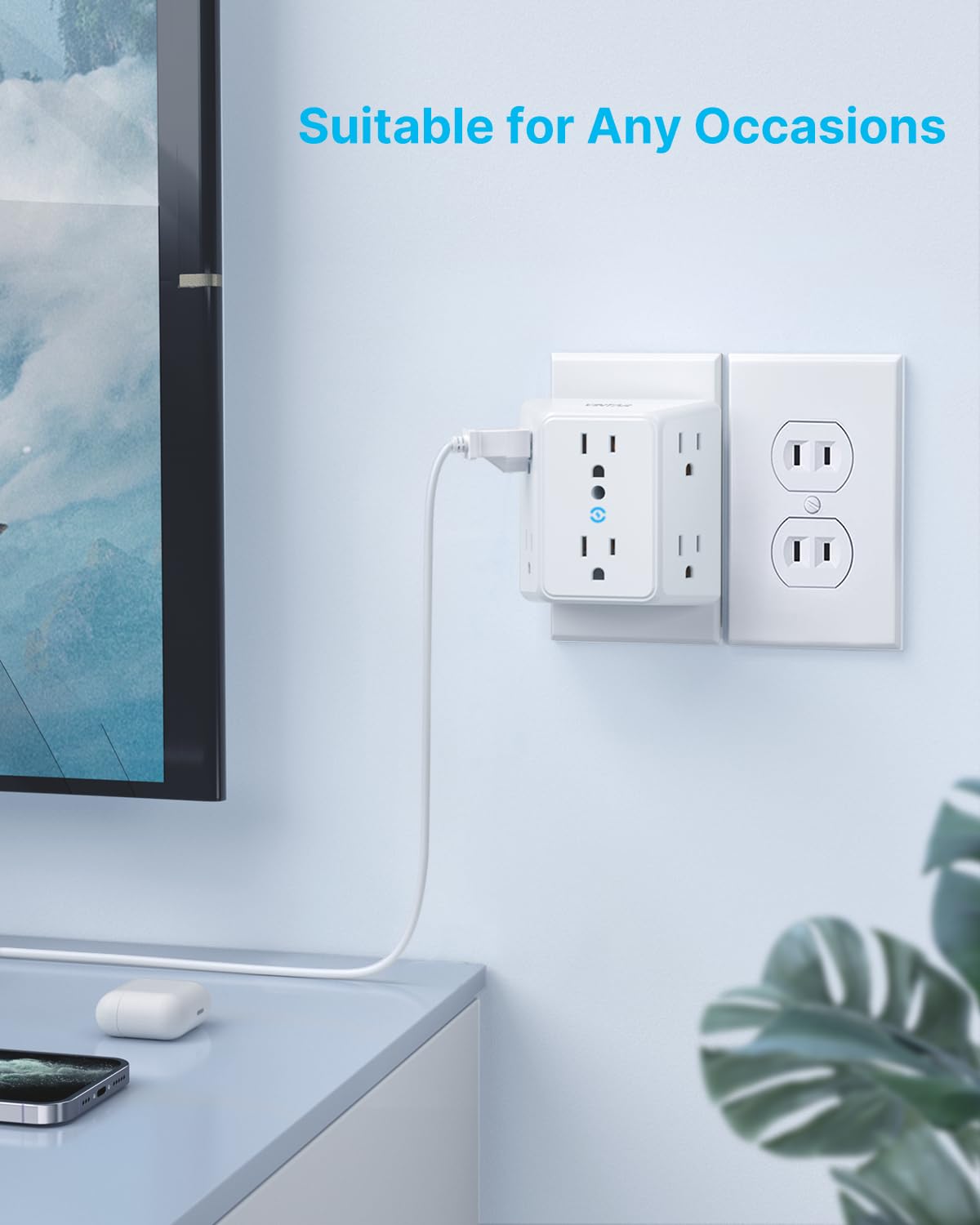 VINTAR 2 Prong to 3 Prong Outlet Adapter, 3 Sided 6 Outlet Widely Spaced Extender, Polarized Plug, 2 Prong Power Strip, 900J Wall Charger Surge Protector, Mountable Wall Tap for Non Grounded Outlets