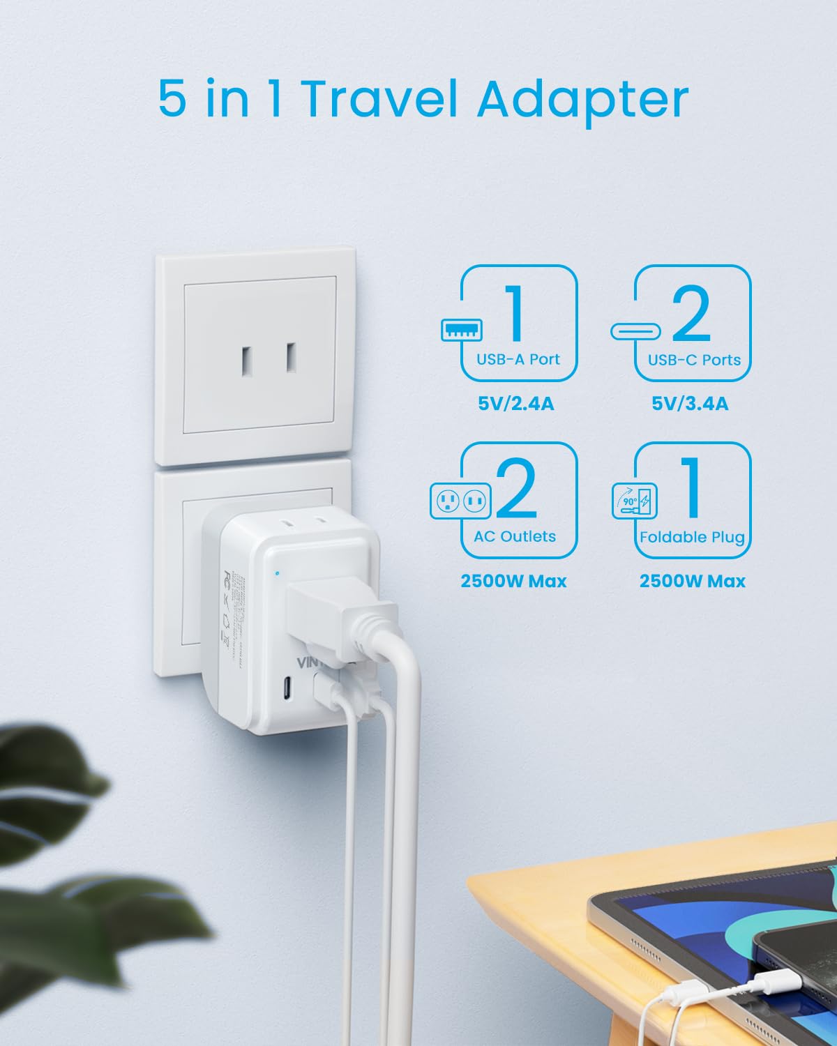 1 Pack US to Japan Plug Adapter, VINTAR Foldable Japan Travel Adapter with 2 Outlets and 3 USB Ports(2 USB C), 2 Prong to 3 Prong Outlet Adapter for USA to Japan China Canada Philippine, Type A