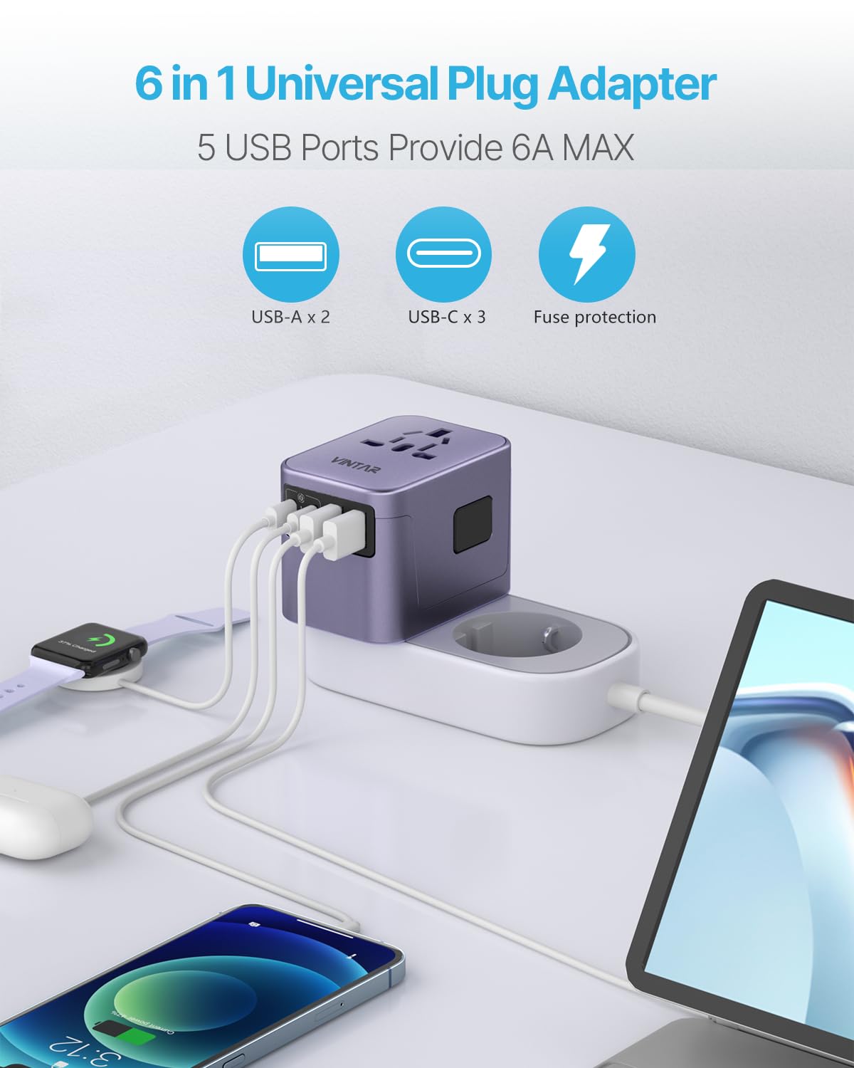 Universal Travel Adapter, VINTAR International Power Adapter with 6A 3 USB C and 2 USB Ports, All in One Travel Essentials Plug Adapter, Worldwide Outlet Converter for Europe UK USA AUS(Type C/G/A/I)