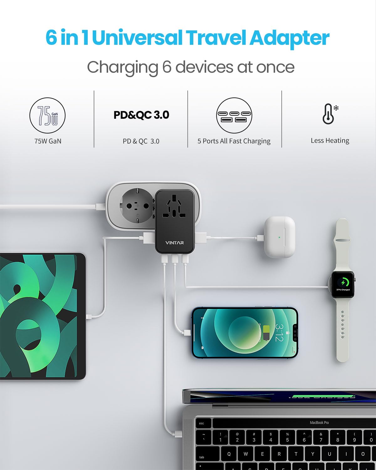 Universal Travel Adapter, VINTAR 75W GaN International Plug Adapter with 3 USB-C PD & 2 USB-A QC, All-in-one Travel Essentials for UK/EU/USA/AUS, Worldwide Power Adapter for Laptops Tablets Phones