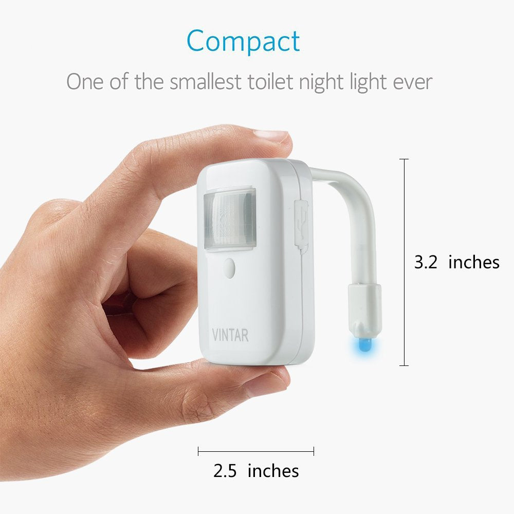 VINTAR Rechargeable 16 Color Motion Sensor LED Toilet Night Light, 5 Stage Dimmer, IP67 Waterproof, Light Detection, Birthday Gift Idea for Dad, Mom, Him, Her, Men, Women and Kids, Cool Gadget