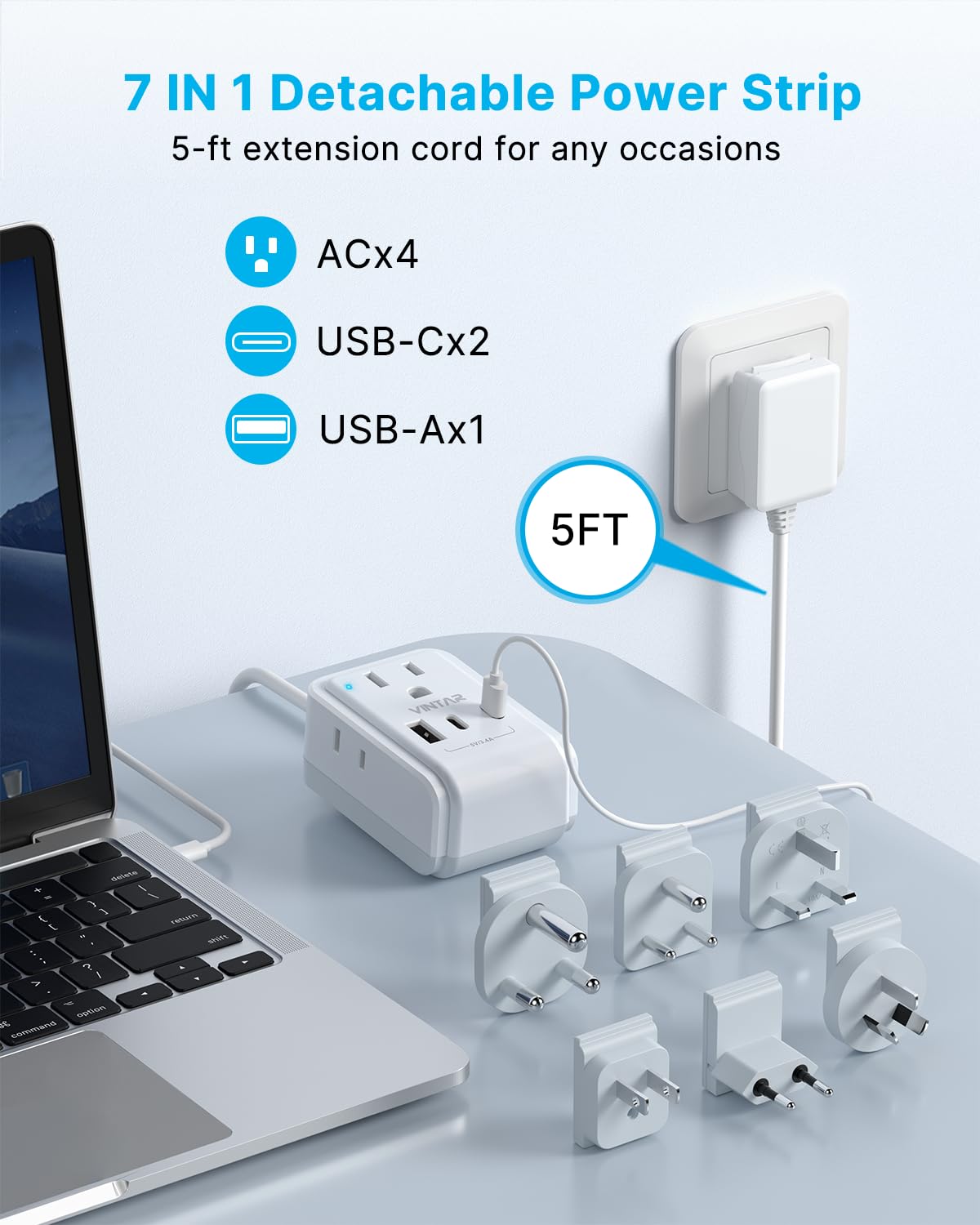 VINTAR Universal Travel Adapter Kit, 5ft Detachable Extension Cord with 4 AC Outlets & 3 USB(2 USB C), Type A/C/G/D/I/M International Power Adaptor for US to Europe UK India South Africa Japan