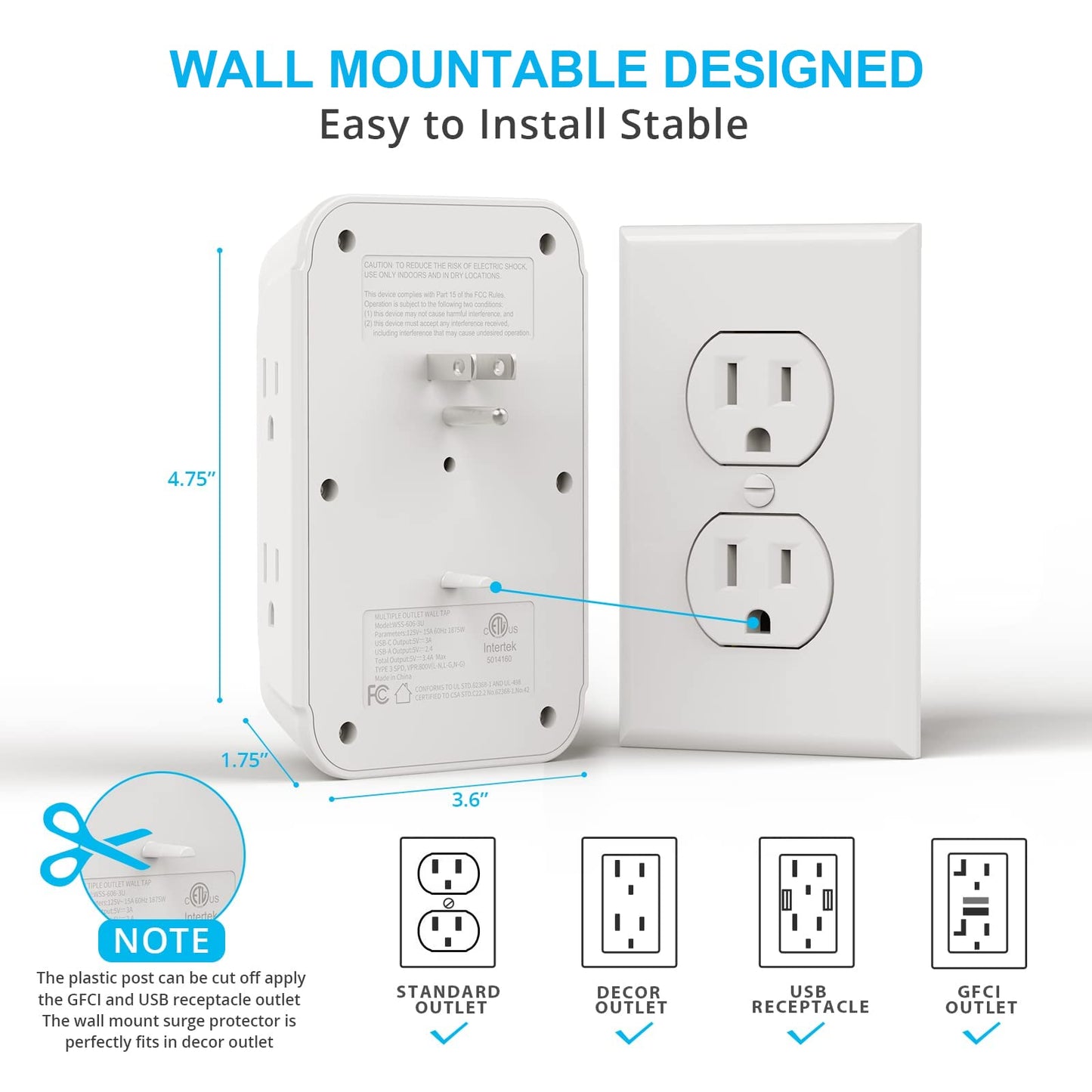 Wall Charger, Surge Protector, 6 Outlet Extender with 3 USB Charging Ports (1 USB C, 3.4A) 900J Wall Mount Power Strip Multi Plug Outlets for Home Travel Office ETL Listed