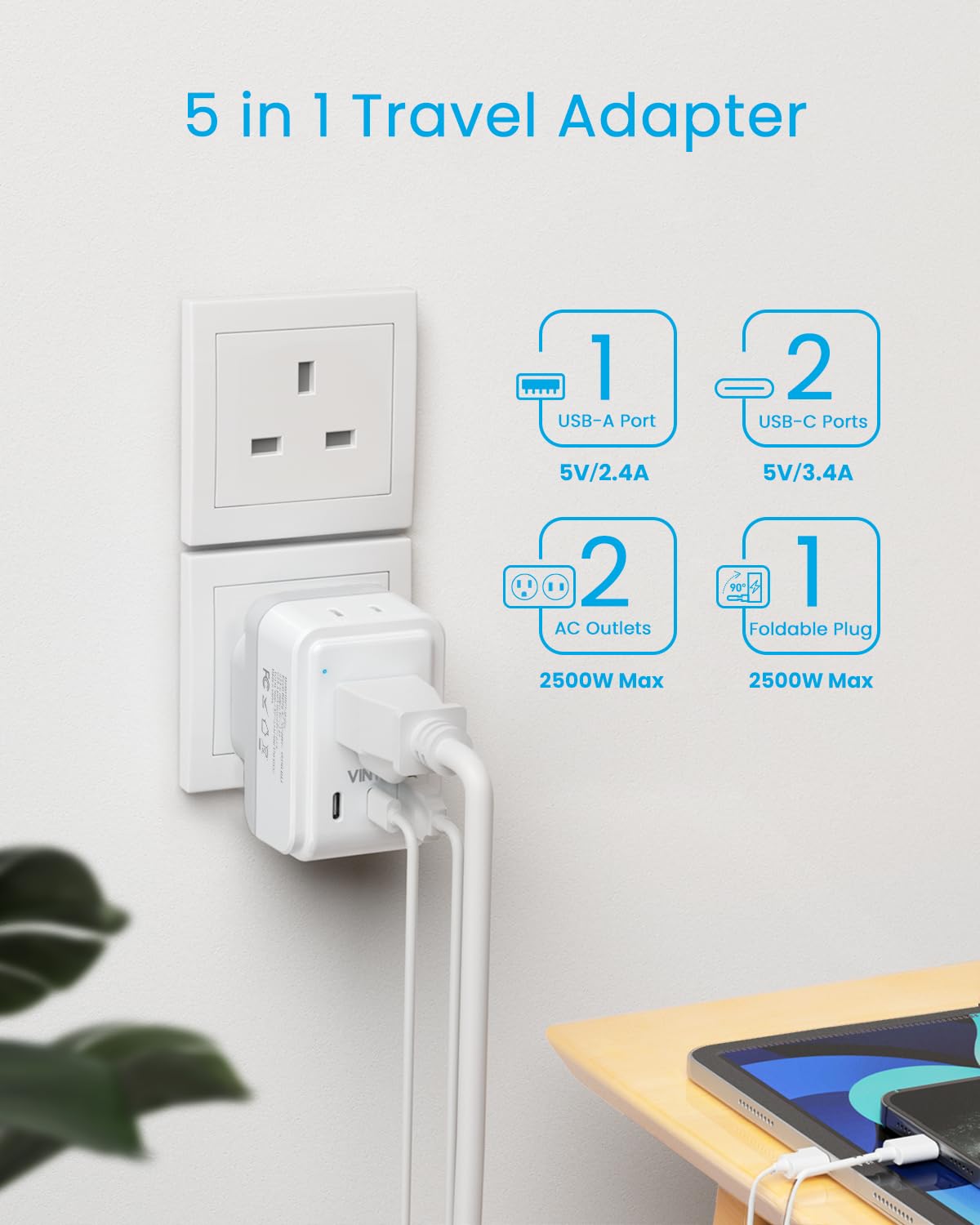 1 Pack UK Adapters for Travel, VINTAR Foldable Ireland Plug Adapter, Type G Pulg Adapter with 2 Outlets and 3 USB Ports(2 USB C), 5 in 1 UK Power Adapter for US to England London Scotland Hong Kong