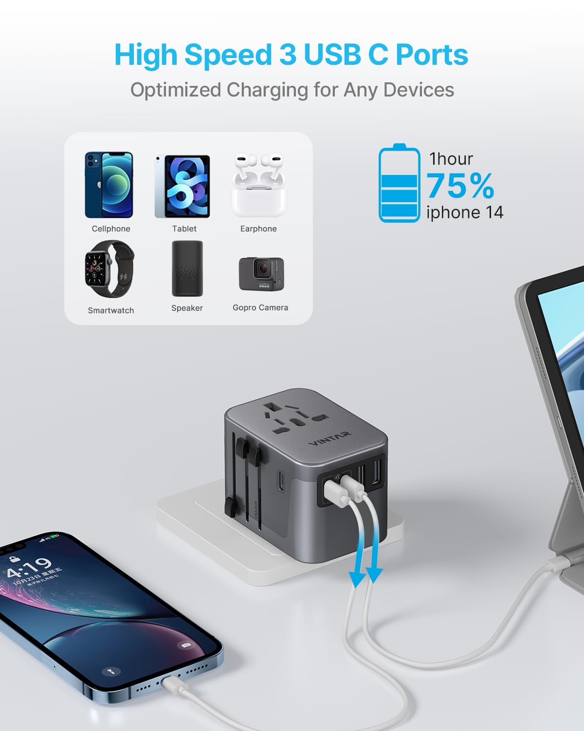 Universal Travel Adapter, VINTAR International Power Adapter with 6A 3 USB C and 2 USB Ports, All in One Travel Essentials Plug Adapter, Worldwide Outlet Converter for Europe UK USA AUS(Type C/G/A/I)
