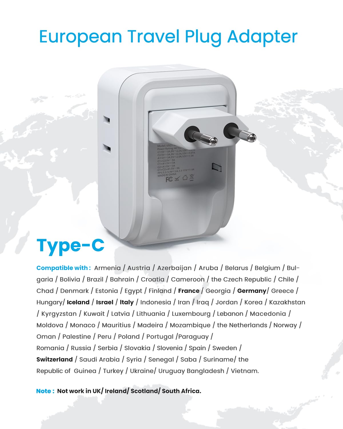 2 Pack European Travel Plug Adapter, VINTAR PD 20W Foldable Type C Adapter with 4 AC Outlets 3 USB Ports(2 USB C), Travel Essentials Charger for US to Most of Europe EU Italy Spain France