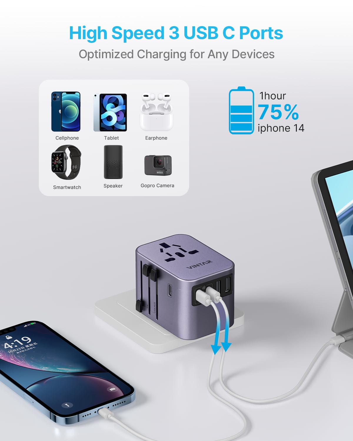 Universal Travel Adapter, VINTAR International Power Adapter with 6A 3 USB C and 2 USB Ports, All in One Travel Essentials Plug Adapter, Worldwide Outlet Converter for Europe UK USA AUS(Type C/G/A/I)