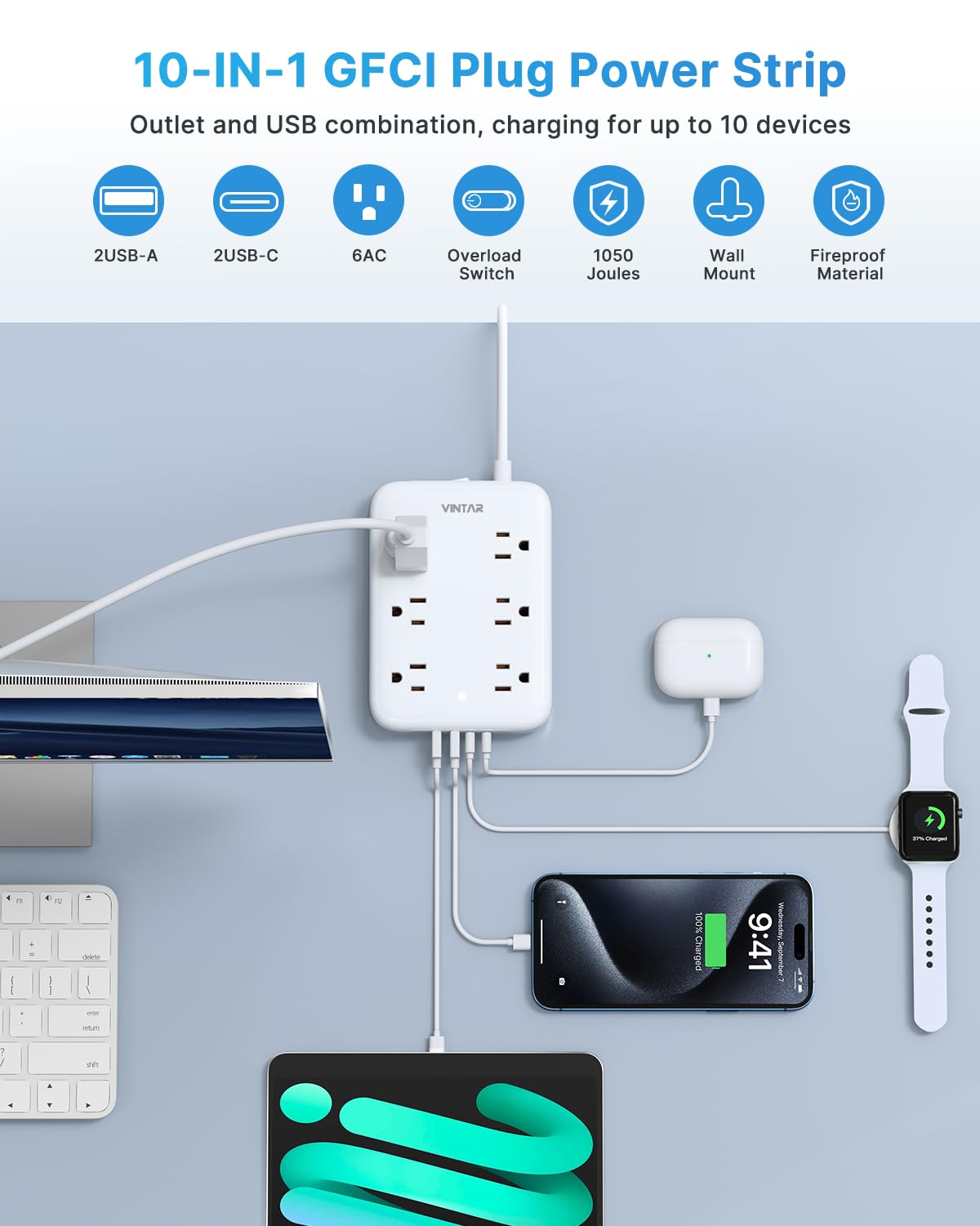 2 Prong GFCI Power Strip, VINTAR 2 Prong to 3 Prong GFCI Plug Adapter, 6ft Extension Cord with 6 Outlets & 4 USB(2 USB-C), 1050J Surge Protector, Polarized Plug Wall Mount for Non-Grounded Outlet