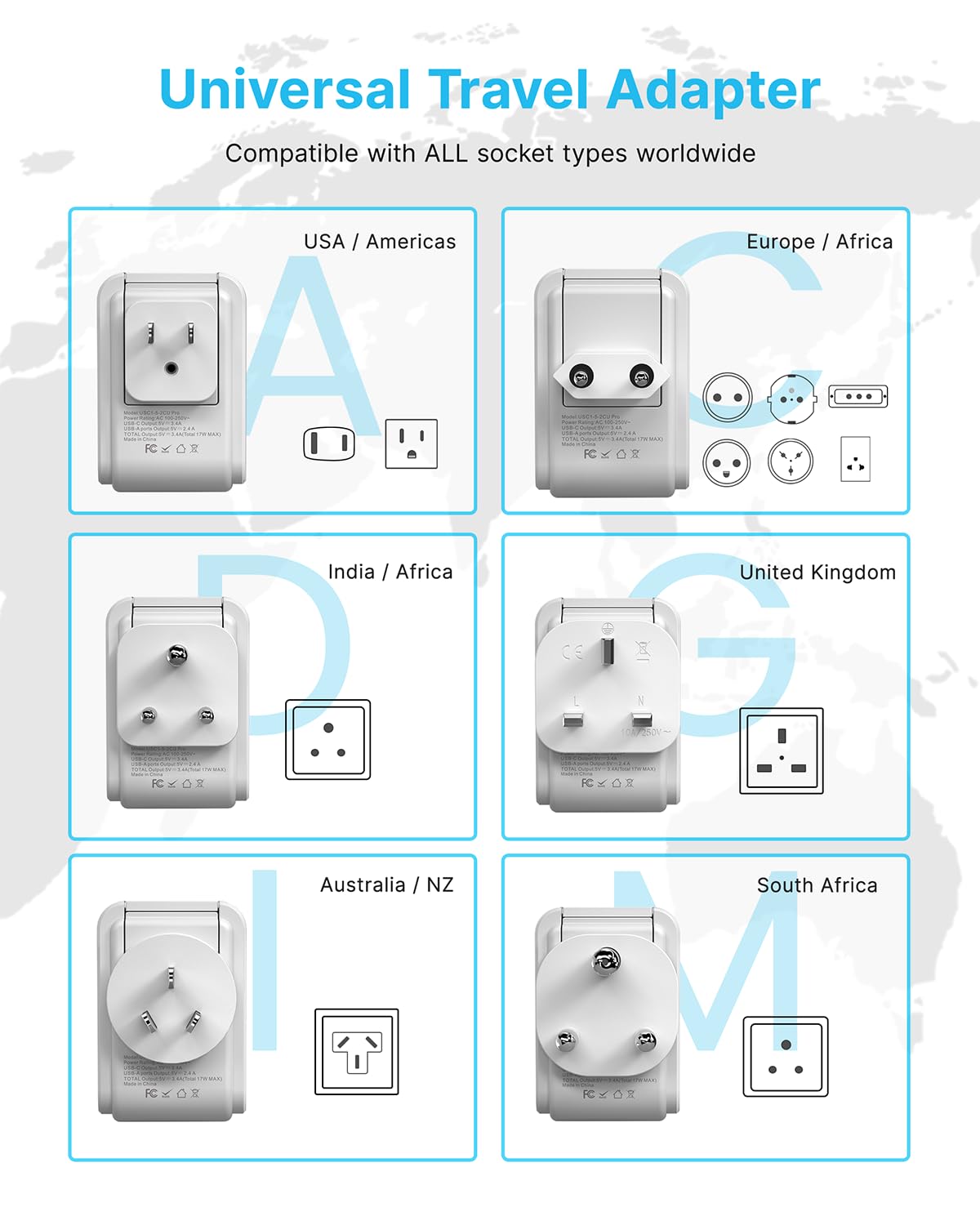 VINTAR Universal Travel Adapter Kit, 5ft Detachable Extension Cord with 4 AC Outlets & 3 USB(2 USB C), Type A/C/G/D/I/M International Power Adaptor for US to Europe UK India South Africa Japan