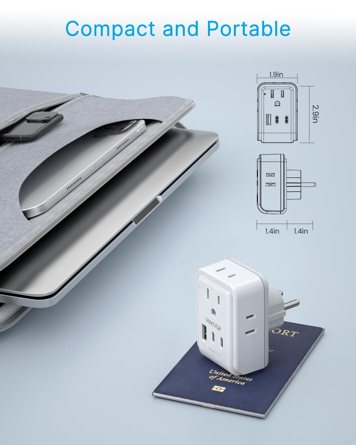2 Pack Type E F Travel Plug Adapter, VINTAR Germany France Plug Adapter with 4 Outlets 3 USB Ports(2USB C), South Korea Outlet Adapter, Schuko Power Adaptor for US to Europe Spain Greece Iceland Korea
