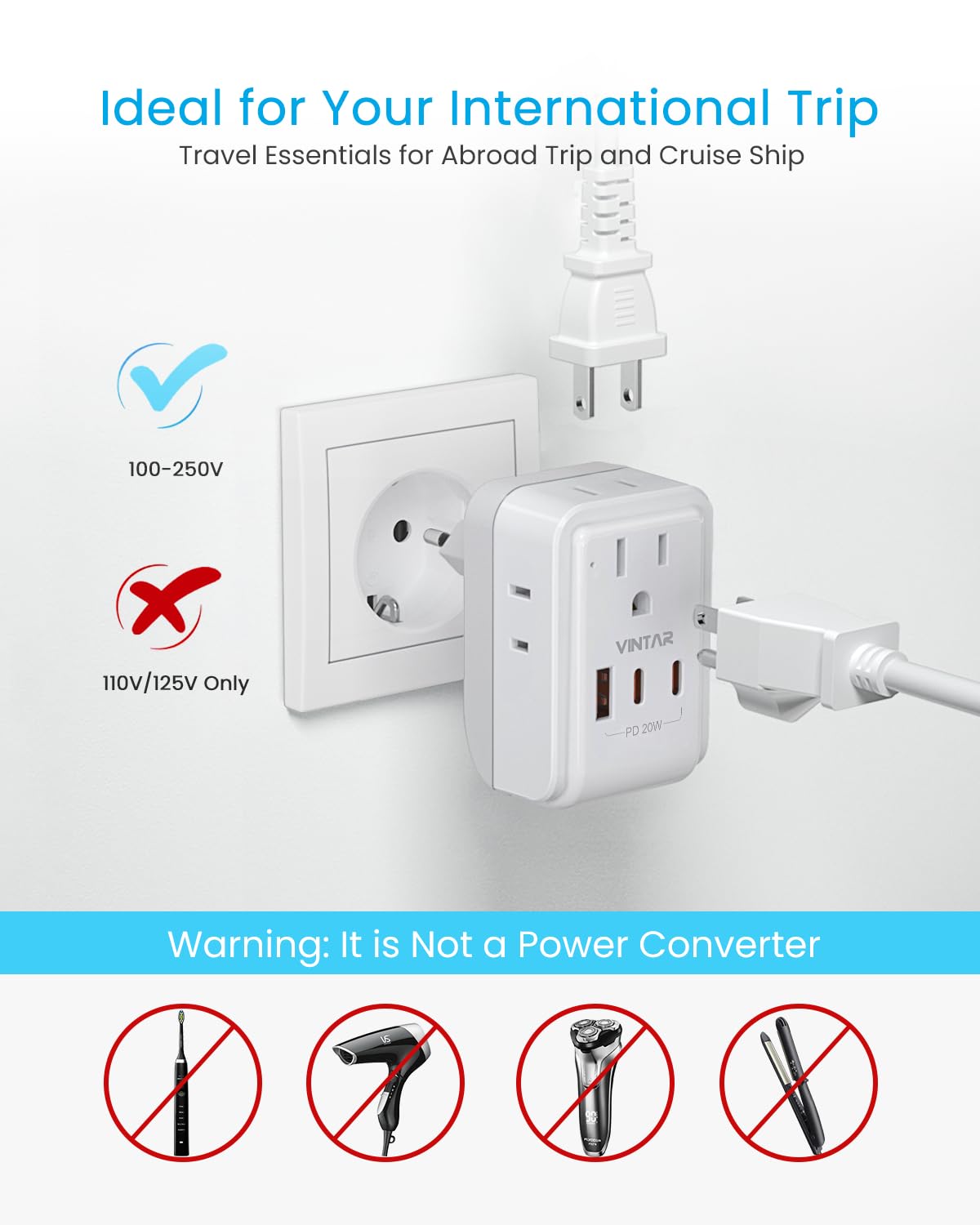 2 Pack European Travel Plug Adapter, VINTAR PD 20W Foldable Type C Adapter with 4 AC Outlets 3 USB Ports(2 USB C), Travel Essentials Charger for US to Most of Europe EU Italy Spain France