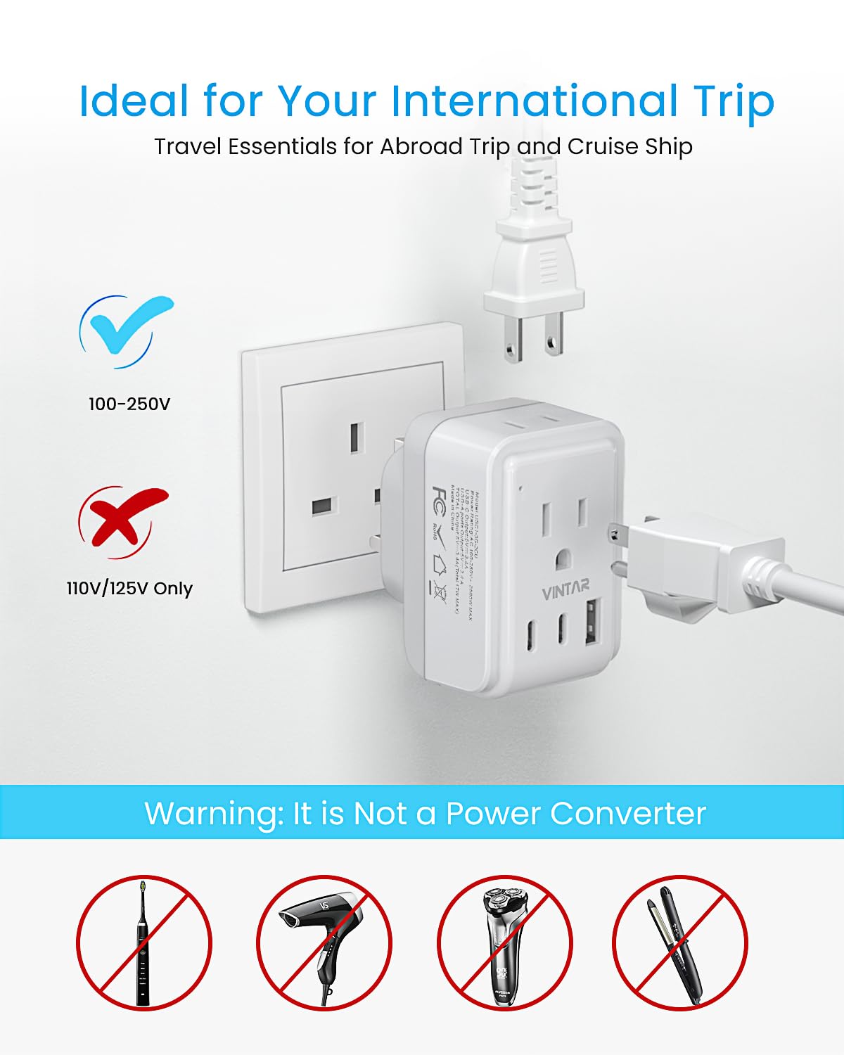 2 Pack US to UK Ireland Plug Adapter, VINTAR Foldable Type G Power Adapter, UK Travel Adaptor with 2 Outlets and 3 USB(2 USB C Ports) for England Scotland Ireland London Dubai Singapore Hong Kong