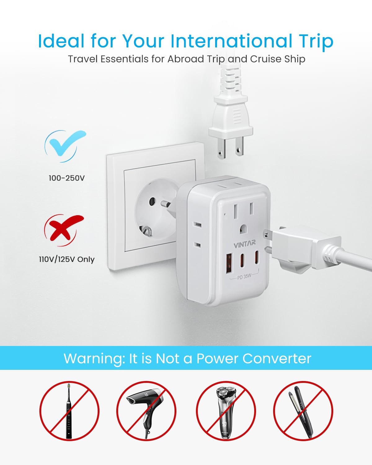 1 Pack European Travel Plug Adapter, VINTAR PD 35W Foldable Type C Adapter with 4 AC Outlets 3 USB Ports(2 USB C), Travel Essentials Charger for US to Most of Europe EU Italy Spain France
