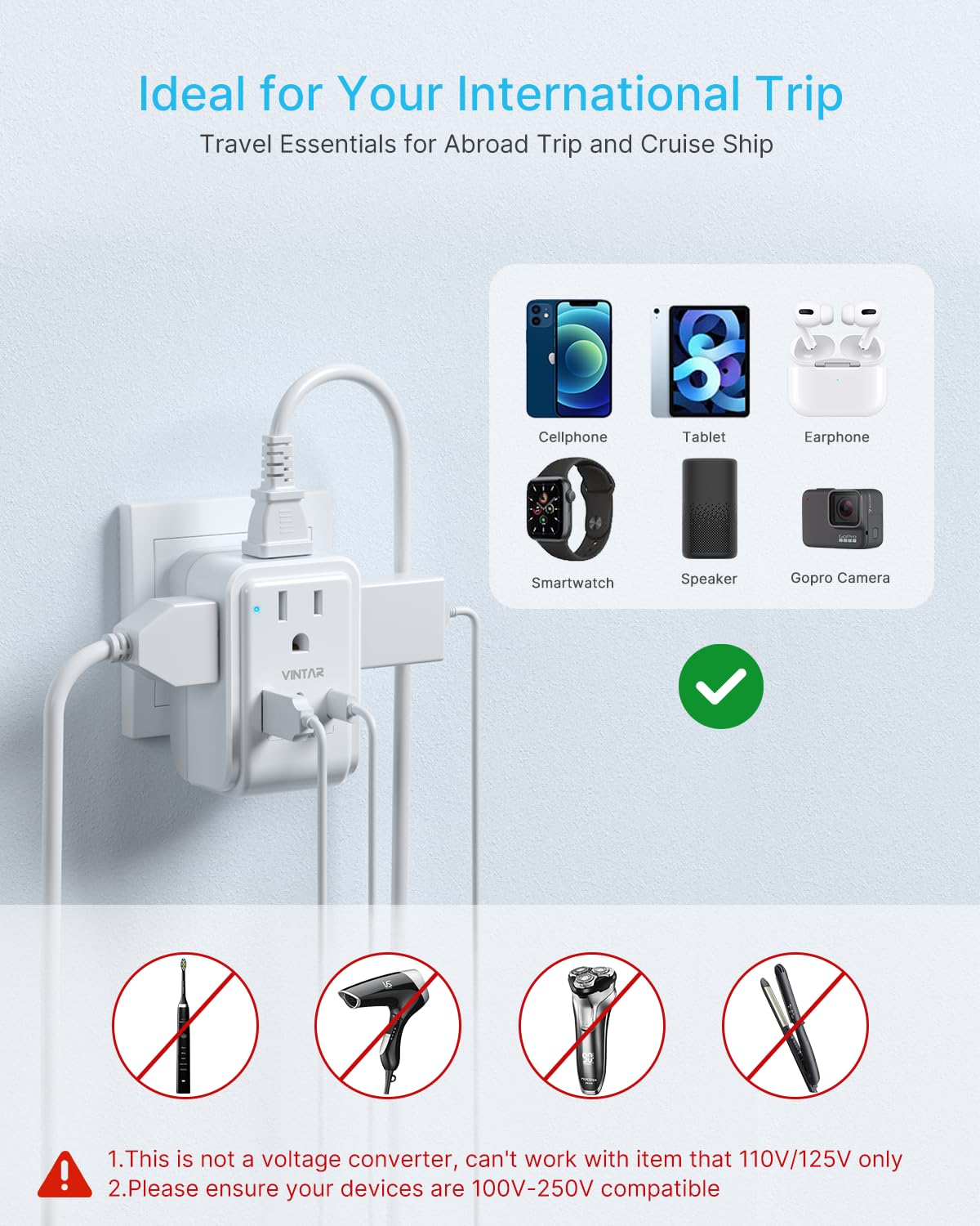 2 Pack US to Japan Plug Adapter, VINTAR Foldable Japan Power Adapter with 4 Outlets and 3 USB Ports(2 USB C), 2 Prong to 3 Prong Outlet Adapter for USA to Japan China Canada Philippine, Type A