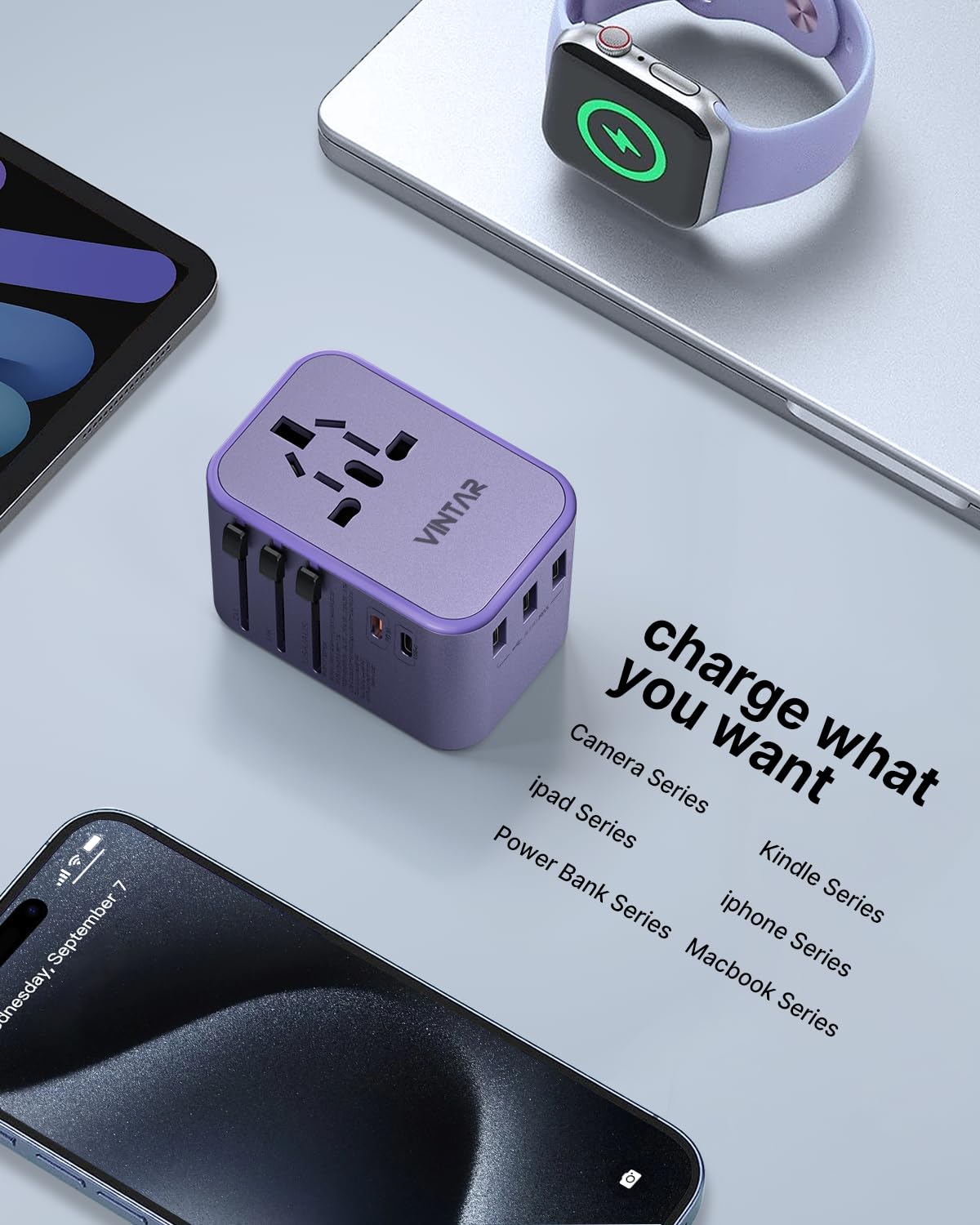 Universal Travel Adapter, VINTAR 35.5W International Power Adapter with 3 USB A QC and 2 USB C PD, All in One Plug Adapter Worldwide Travel Essentials for EU/UK/USA/AUS(Type C/G/A/I), Purple