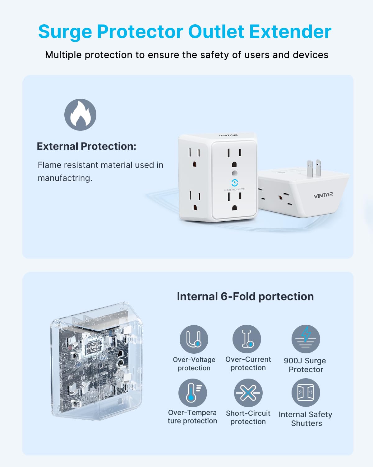 VINTAR 2 Prong to 3 Prong Outlet Adapter, 3 Sided 6 Outlet Widely Spaced Extender, Polarized Plug, 2 Prong Power Strip, 900J Wall Charger Surge Protector, Mountable Wall Tap for Non Grounded Outlets