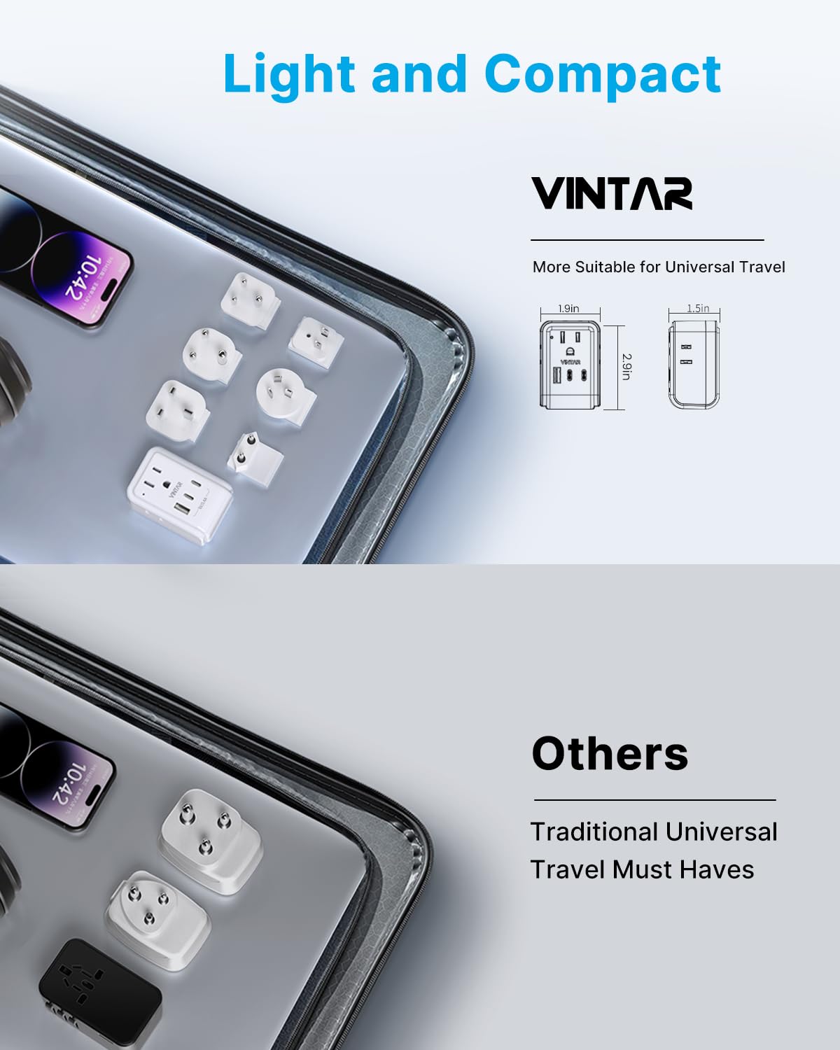 VINTAR Universal Travel Adapter Kit, International Power Adapter with 3 USB Ports (2 USB C) 4 AC Outlets, Type A,C,G,D,I,M Detachable Attachments, Travel Adapter Worldwide for US/EU/UK/India/Africa