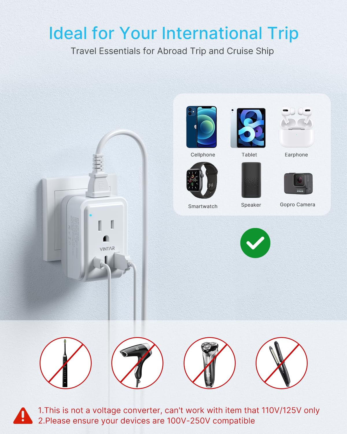 2 Pack European Travel Plug Adapter, VINTAR Foldable International Power Adapter with 2 AC Outlets 3 USB Charging Ports(2 USB C), Type C Power Adaptor to Most Europe Italy Spain France Iceland Germany