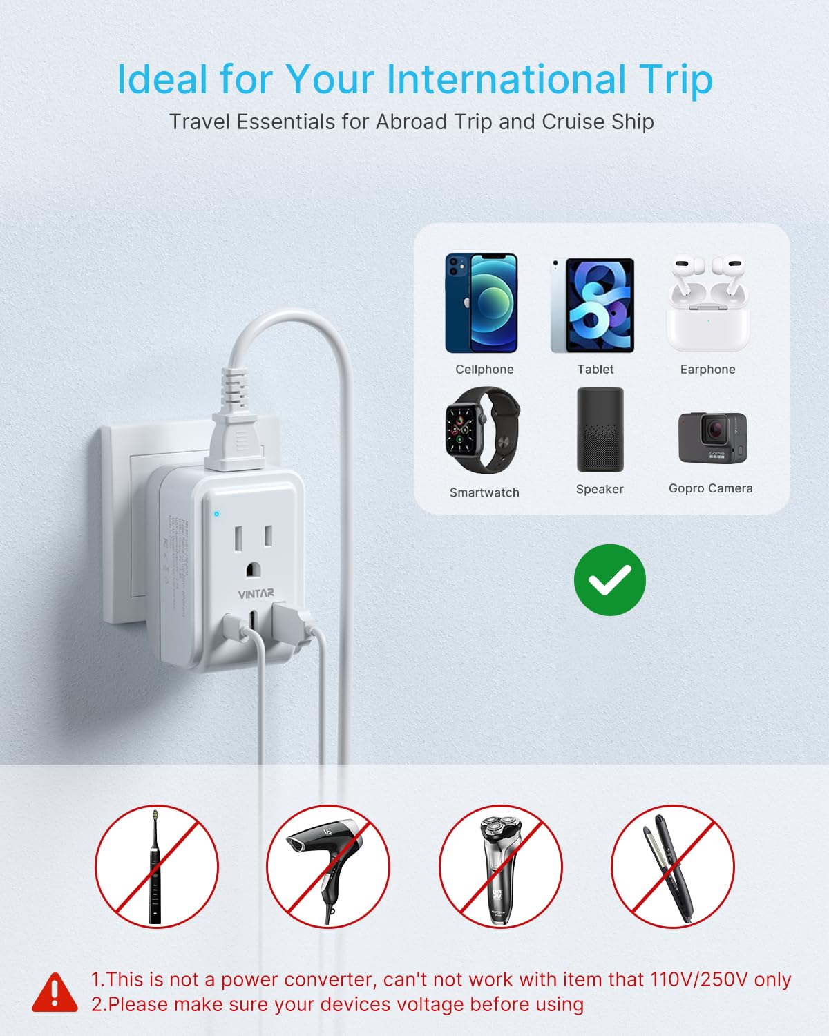 2 Pack US to Japan Plug Adapter, VINTAR Foldable Japan Travel Adapter with 2 Outlets and 3 USB Ports(2 USB C), 2 Prong to 3 Prong Outlet Adapter for USA to Japan China Canada Philippine, Type A