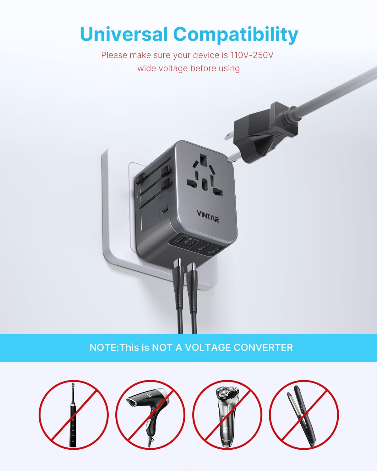 Universal Travel Adapter, VINTAR International Power Adapter with 6A 3 USB C and 2 USB Ports, All in One Travel Essentials Plug Adapter, Worldwide Outlet Converter for Europe UK USA AUS(Type C/G/A/I)