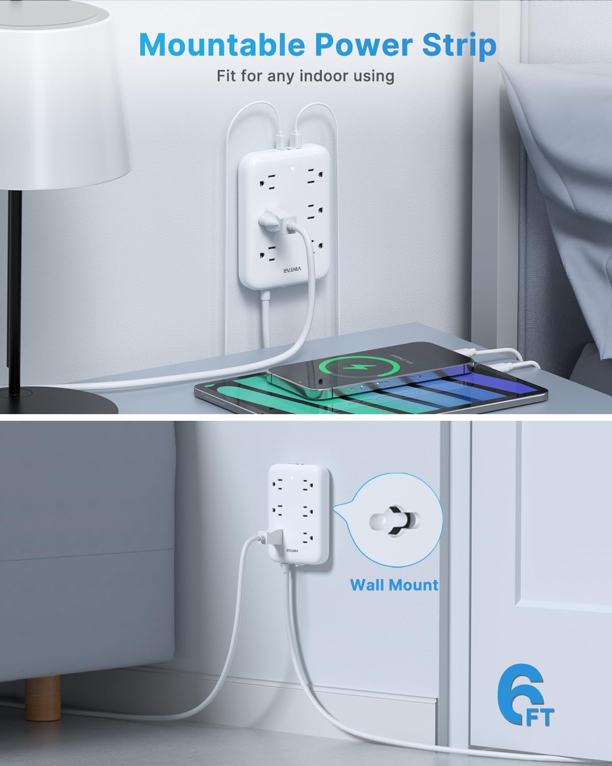 2 Prong GFCI Power Strip, VINTAR 2 Prong to 3 Prong GFCI Plug Adapter, 6ft Extension Cord with 6 Outlets & 4 USB(2 USB-C), 1050J Surge Protector, Polarized Plug Wall Mount for Non-Grounded Outlet