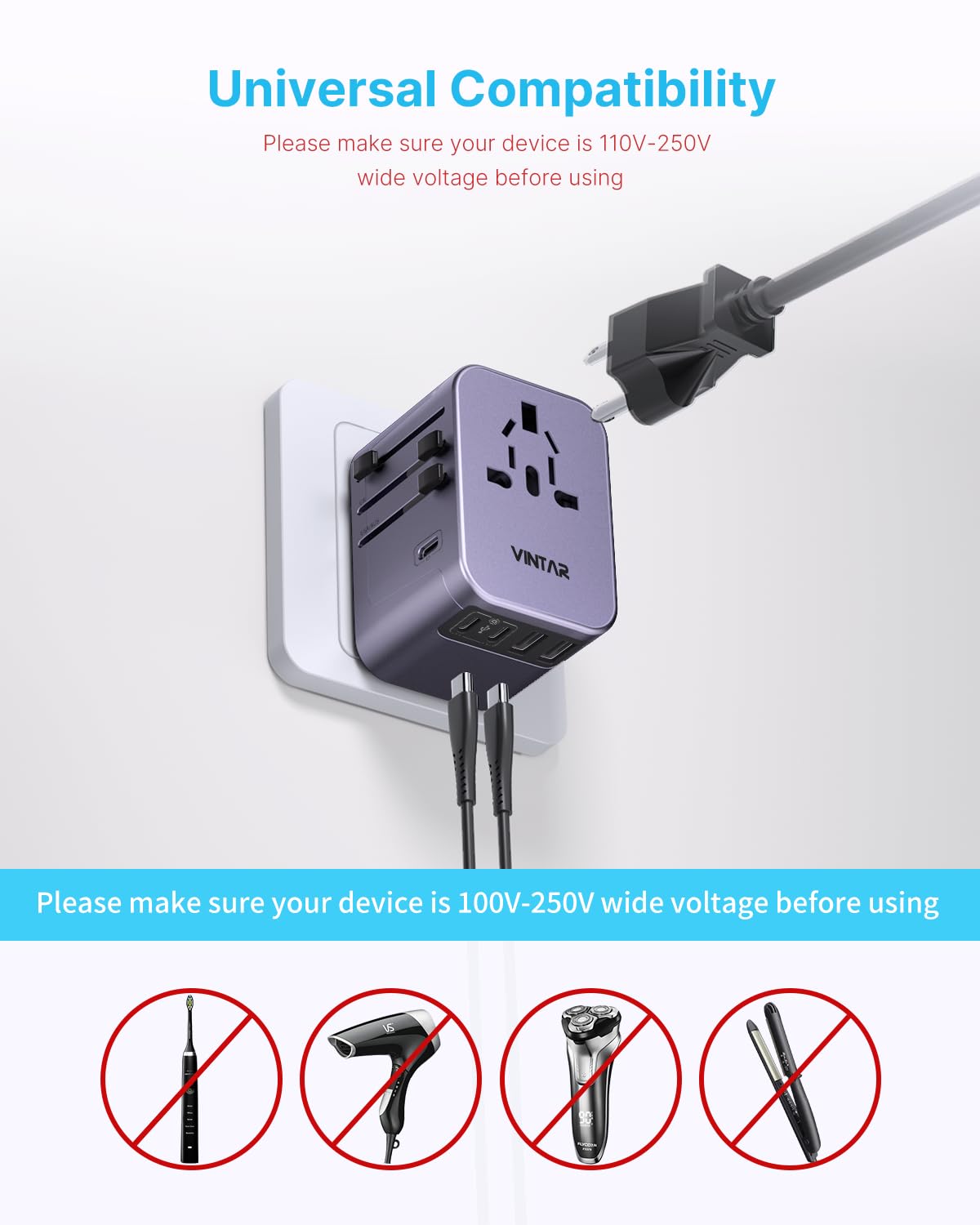 Universal Travel Adapter, VINTAR International Power Adapter with 6A 3 USB C and 2 USB Ports, All in One Travel Essentials Plug Adapter, Worldwide Outlet Converter for Europe UK USA AUS(Type C/G/A/I)