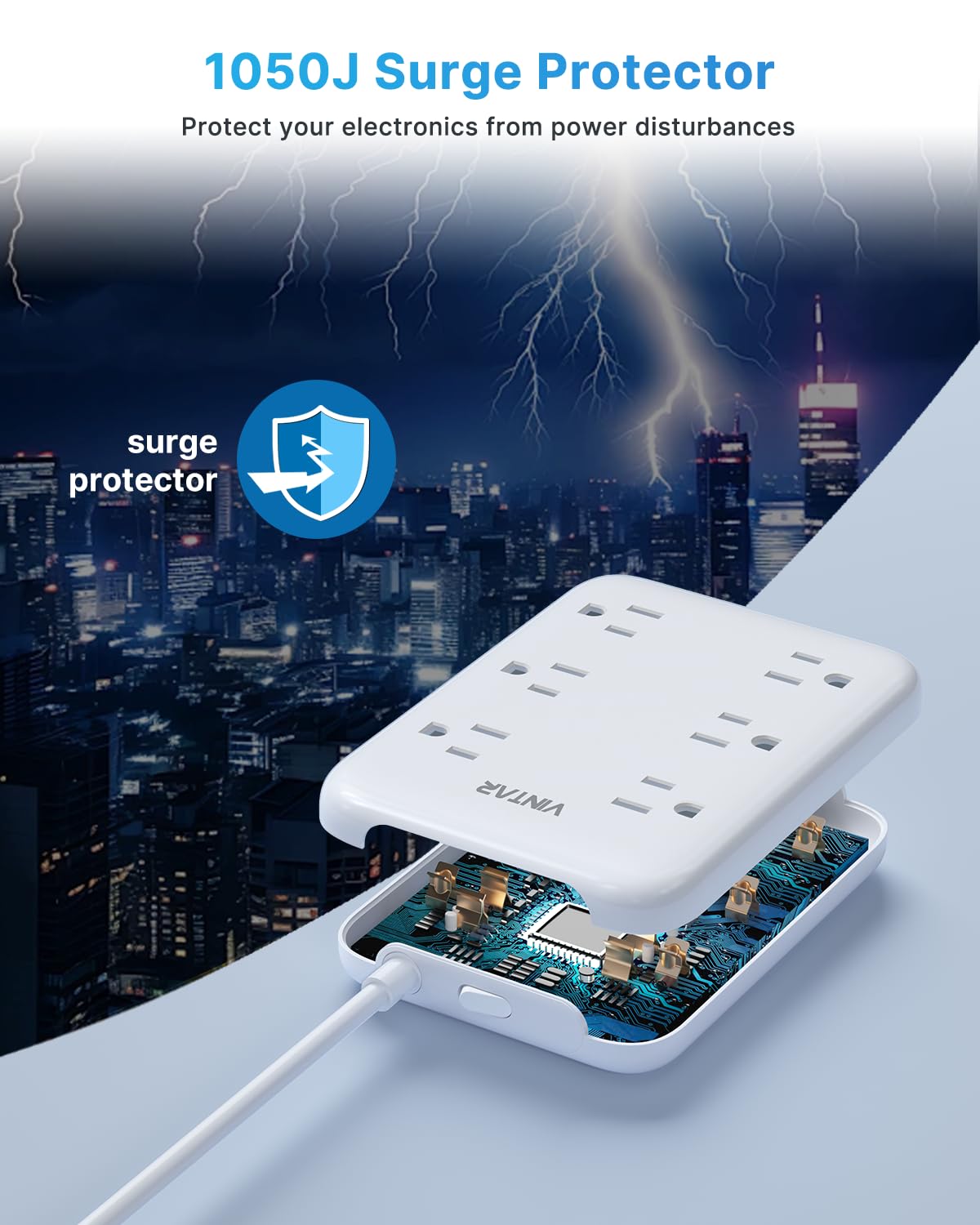 2 Prong GFCI Power Strip, VINTAR 2 Prong to 3 Prong GFCI Plug Adapter, 6ft Extension Cord with 6 Outlets & 4 USB(2 USB-C), 1050J Surge Protector, Polarized Plug Wall Mount for Non-Grounded Outlet